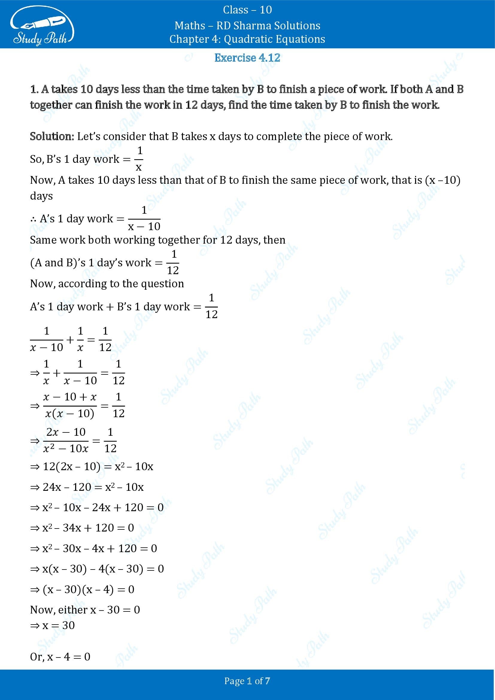 RD Sharma Solutions Class 10 Chapter 4 Quadratic Equations Exercise 4.12 00001