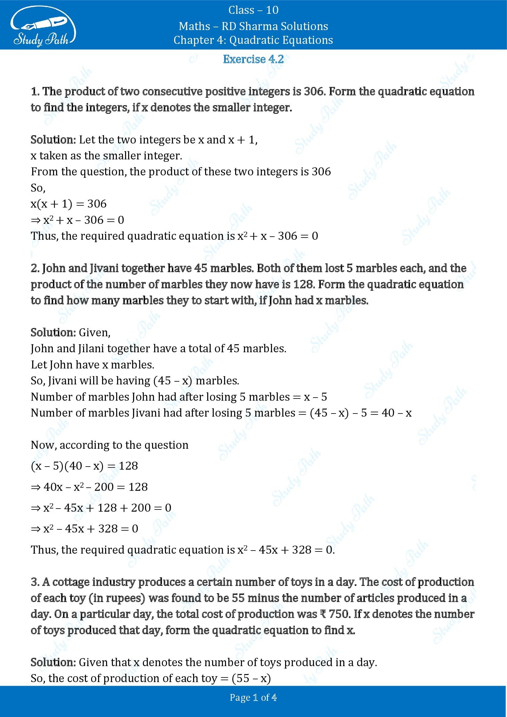 RD Sharma Solutions Class 10 Chapter 4 Quadratic Equations Exercise 4.2 0001