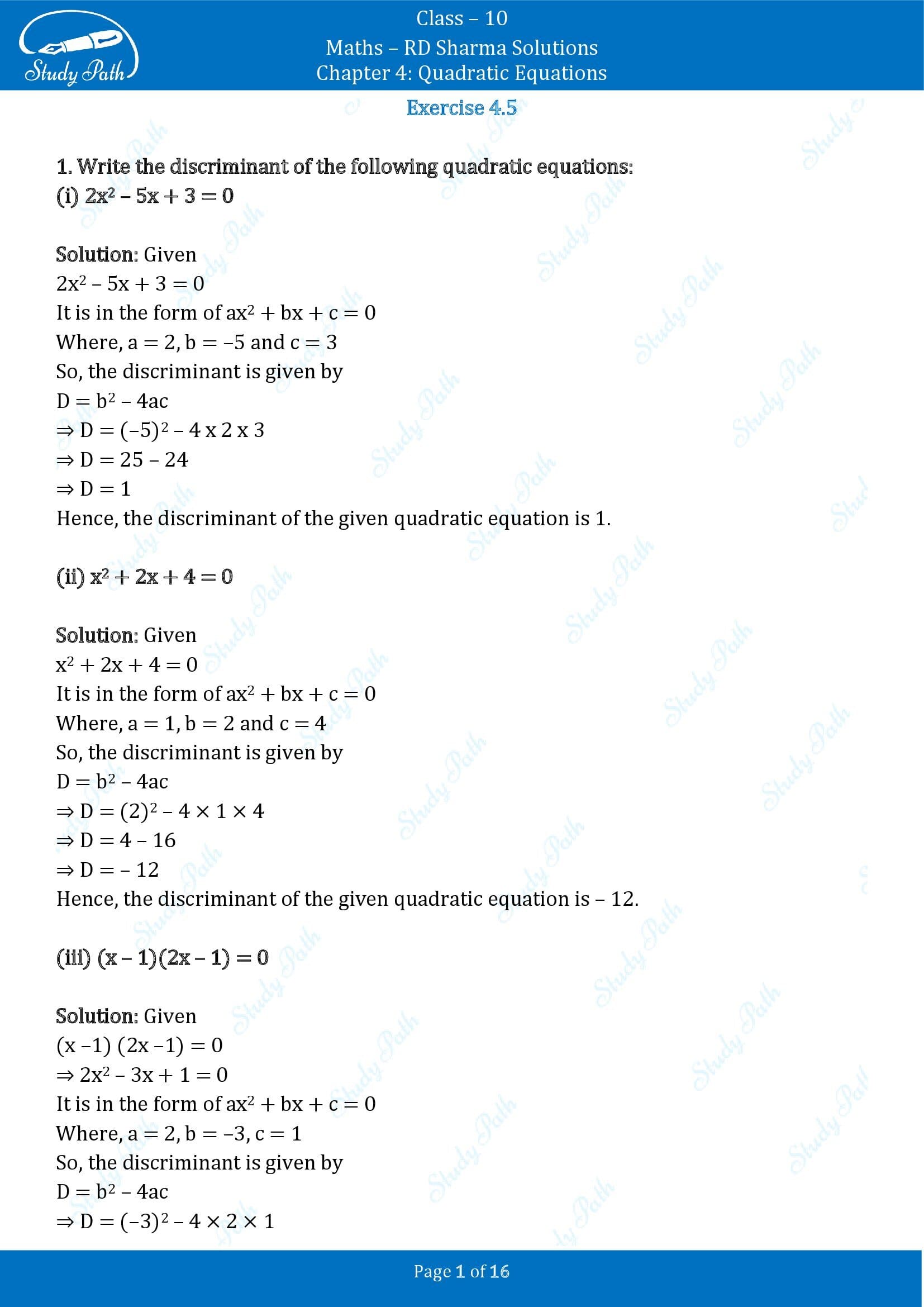 RD Sharma Solutions Class 10 Chapter 4 Quadratic Equations Exercise 4.5 00001