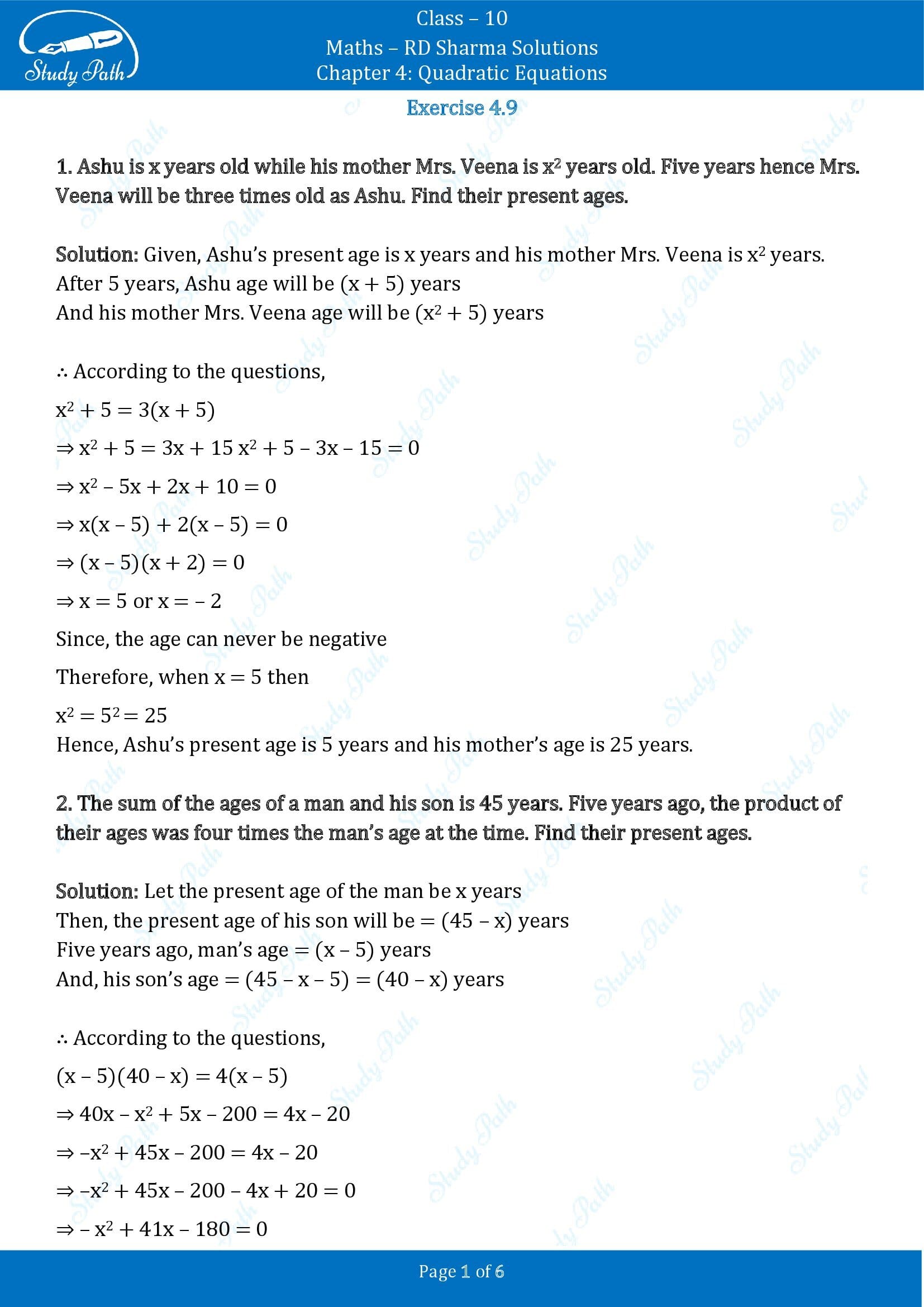 RD Sharma Solutions Class 10 Chapter 4 Quadratic Equations Exercise 4.9 00001