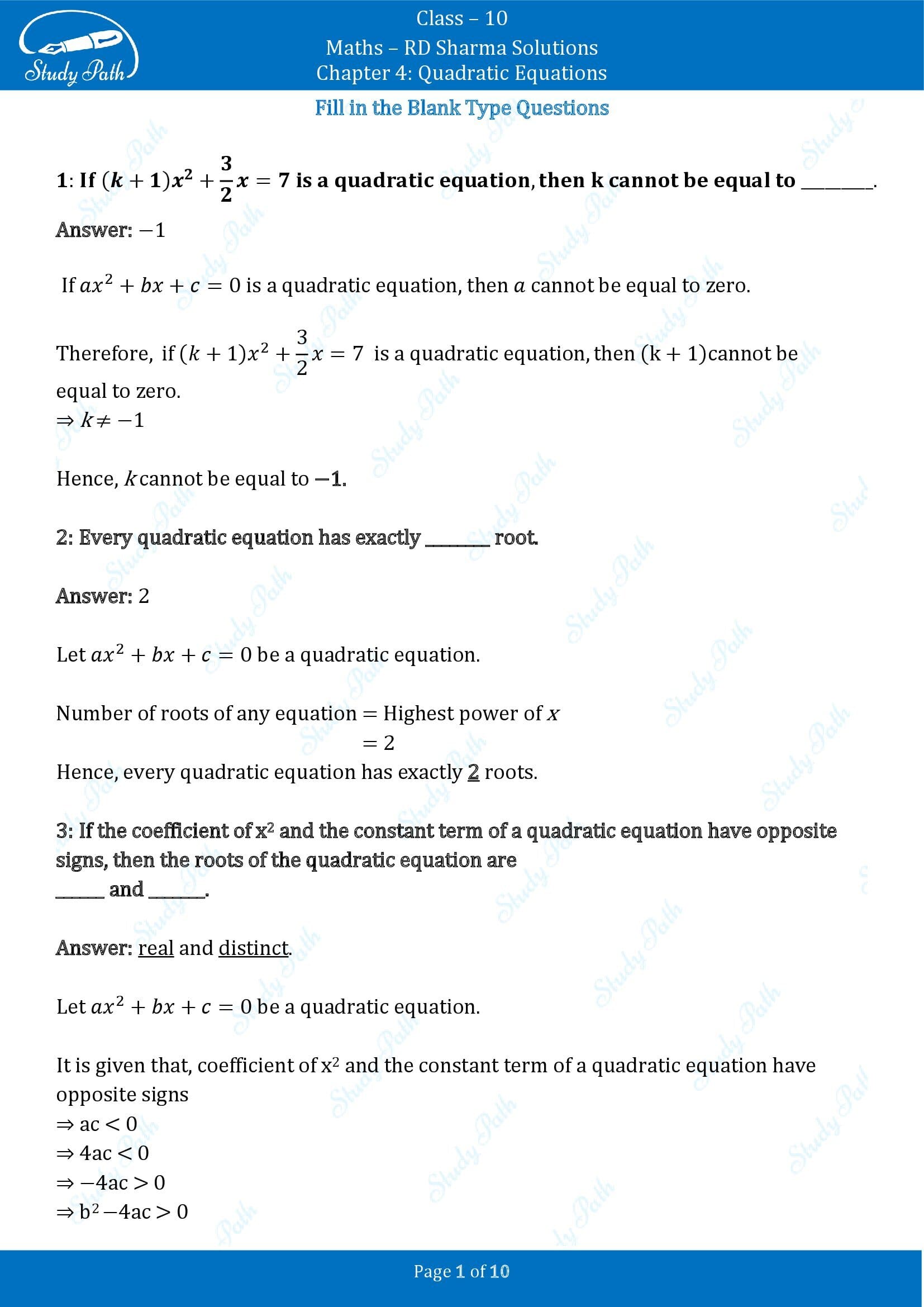RD Sharma Solutions Class 10 Chapter 4 Quadratic Equations Fill in the Blank Type Questions FBQs 00001