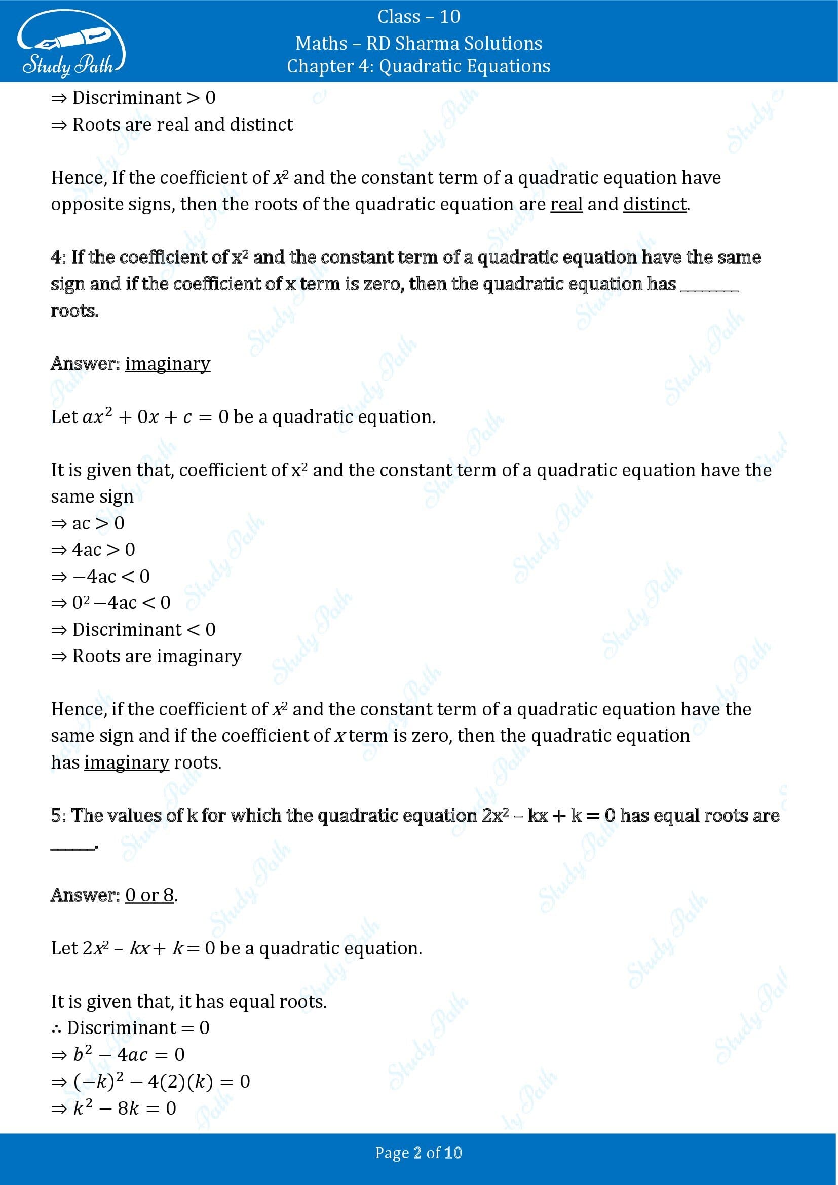 RD Sharma Solutions Class 10 Chapter 4 Quadratic Equations Fill in the Blank Type Questions FBQs 00002