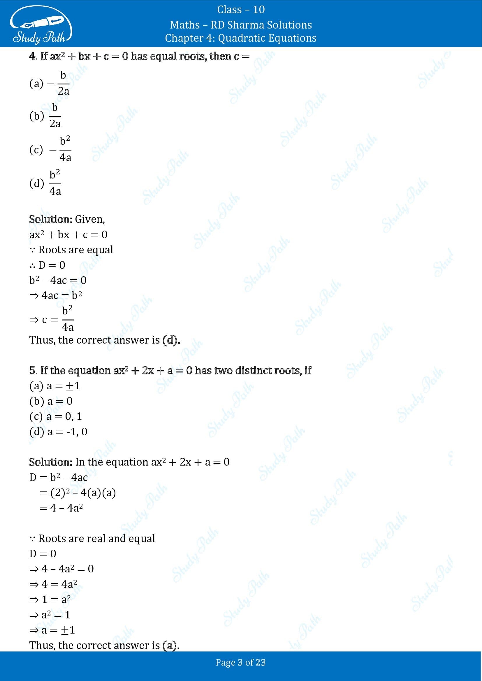 RD Sharma Solutions Class 10 Chapter 4 Quadratic Equations Multiple Choice Questions MCQs 00003