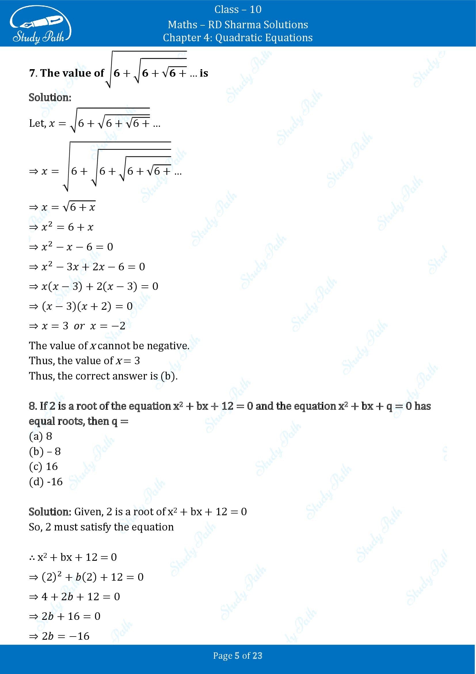 RD Sharma Solutions Class 10 Chapter 4 Quadratic Equations Multiple Choice Questions MCQs 00005