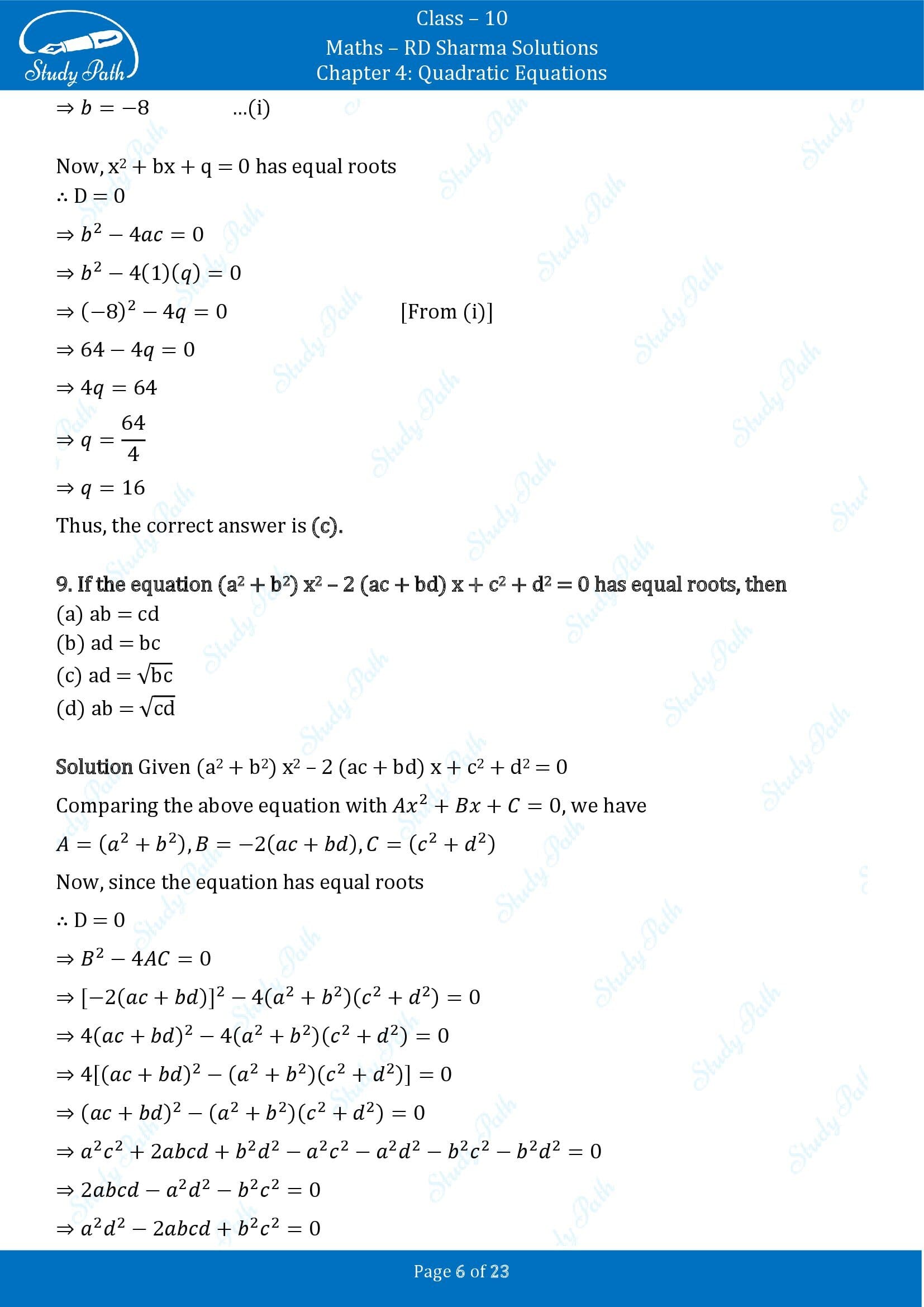 RD Sharma Solutions Class 10 Chapter 4 Quadratic Equations Multiple Choice Questions MCQs 00006