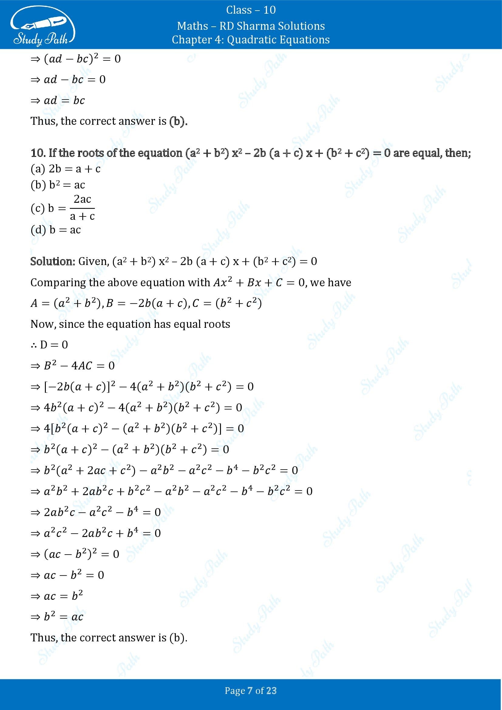 RD Sharma Solutions Class 10 Chapter 4 Quadratic Equations Multiple Choice Questions MCQs 00007