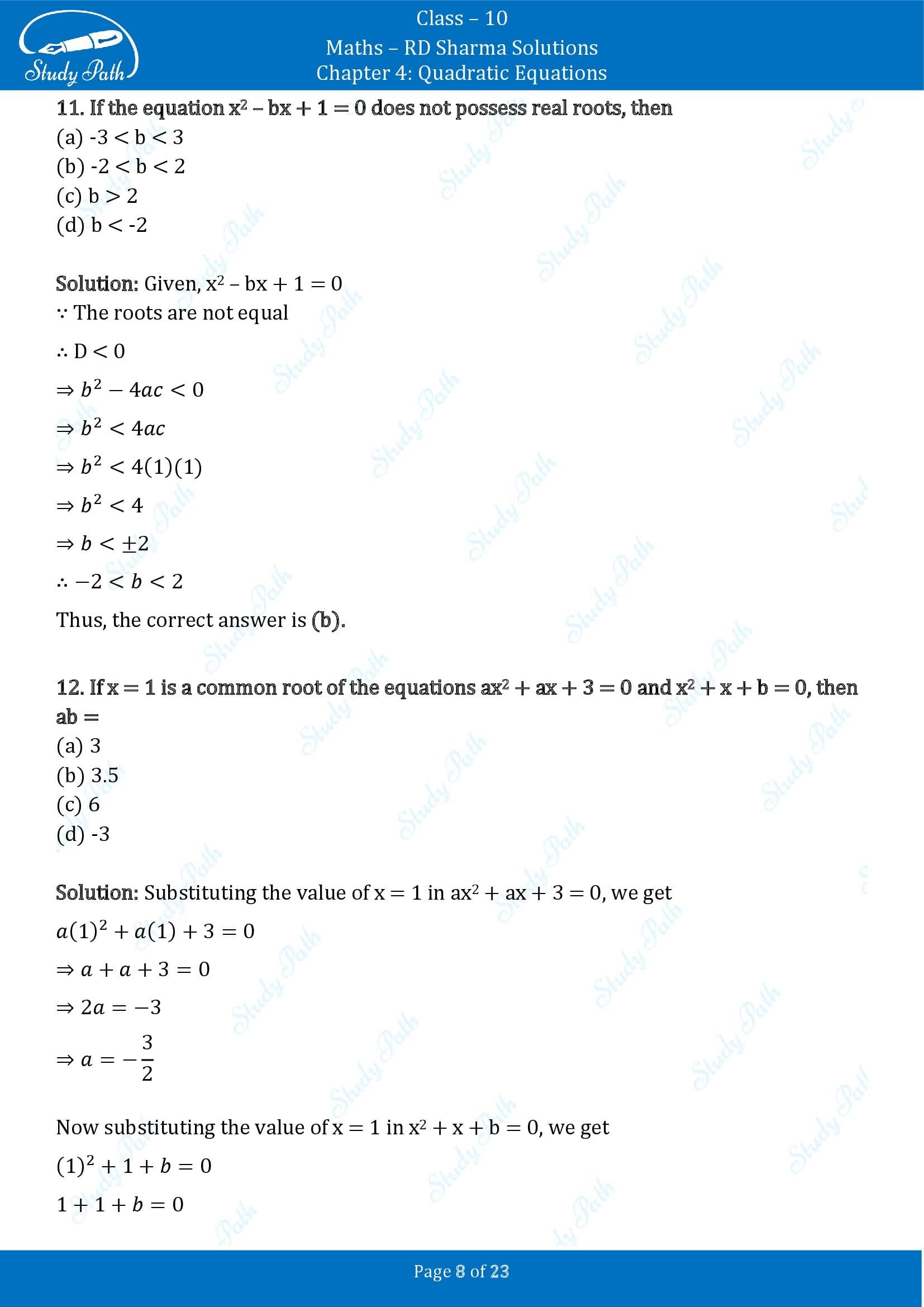 RD Sharma Solutions Class 10 Chapter 4 Quadratic Equations Multiple Choice Questions MCQs 00008