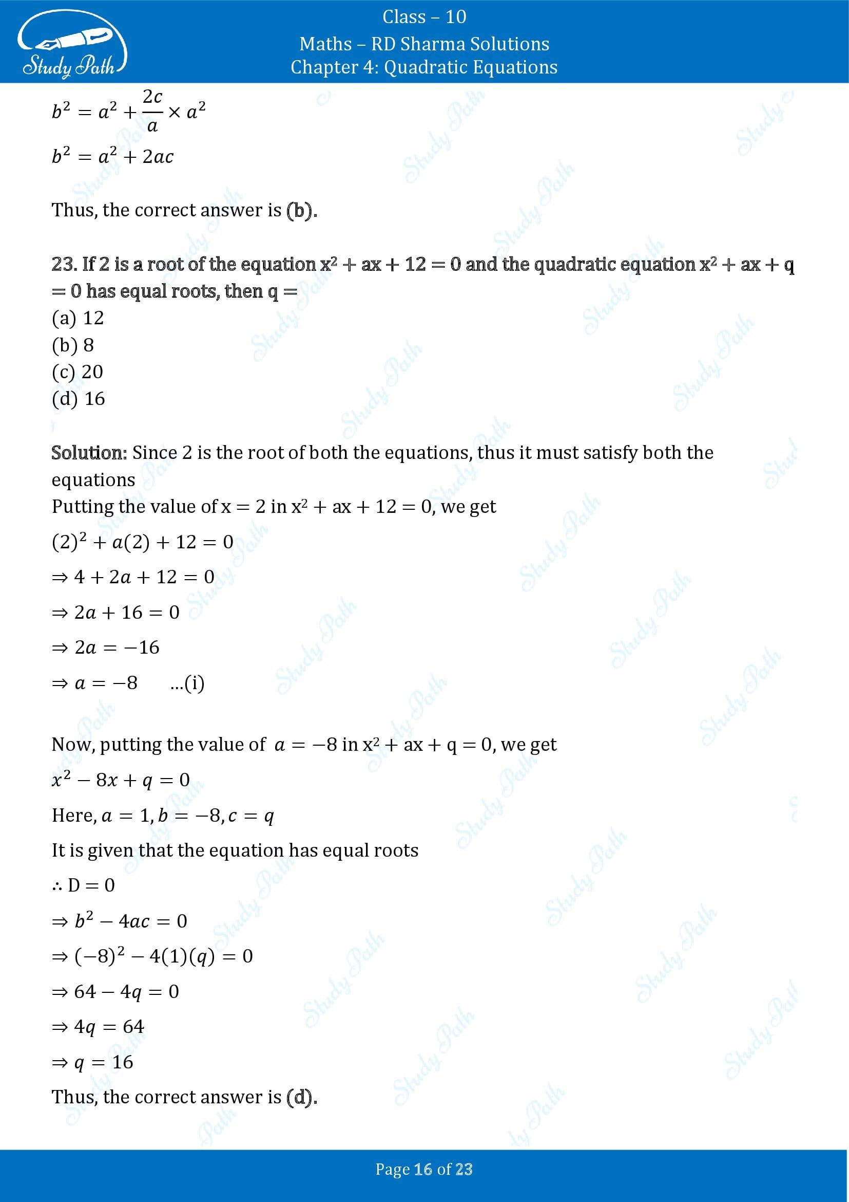 RD Sharma Solutions Class 10 Chapter 4 Quadratic Equations Multiple Choice Questions MCQs 00016