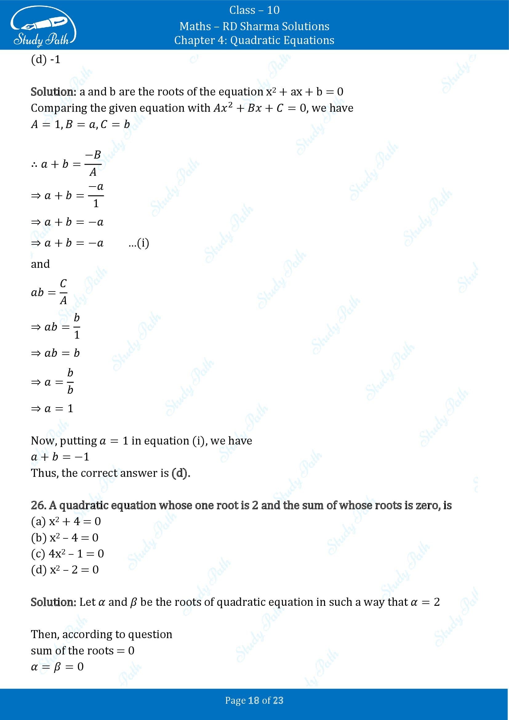RD Sharma Solutions Class 10 Chapter 4 Quadratic Equations Multiple Choice Questions MCQs 00018