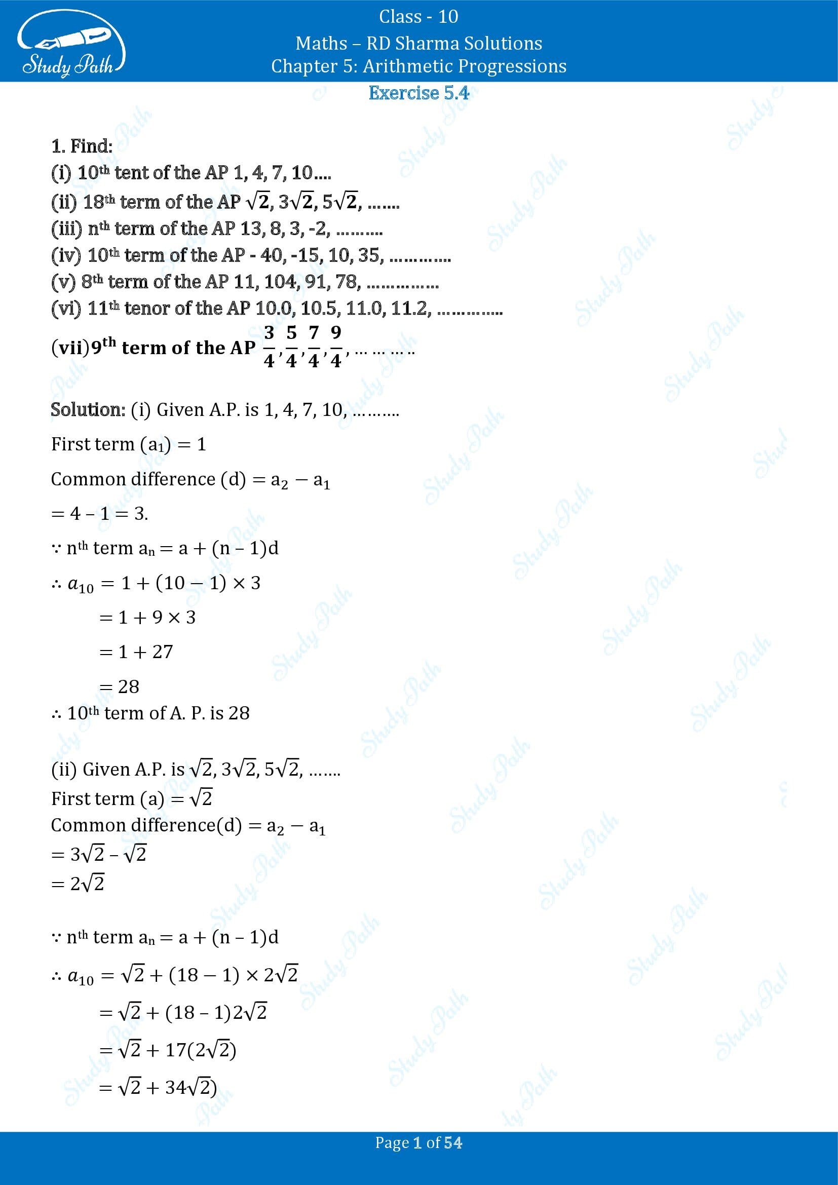 RD Sharma Solutions Class 10 Chapter 5 Arithmetic Progressions Exercise 5.4 00001