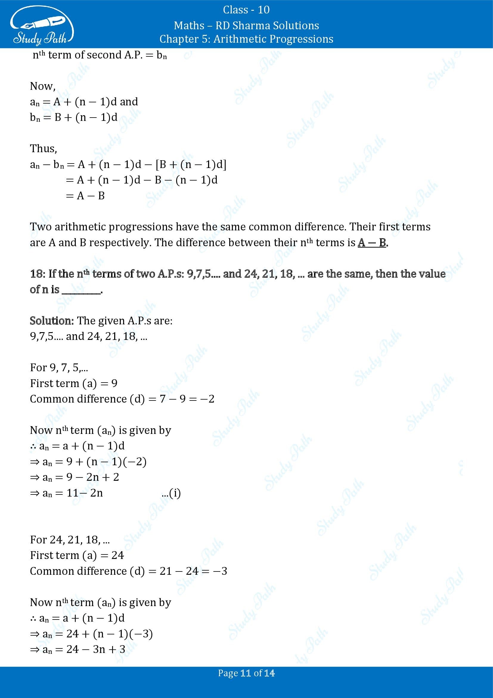 RD Sharma Solutions Class 10 Chapter 5 Arithmetic Progressions Fill in the Blank Type Questions FBQs 00011