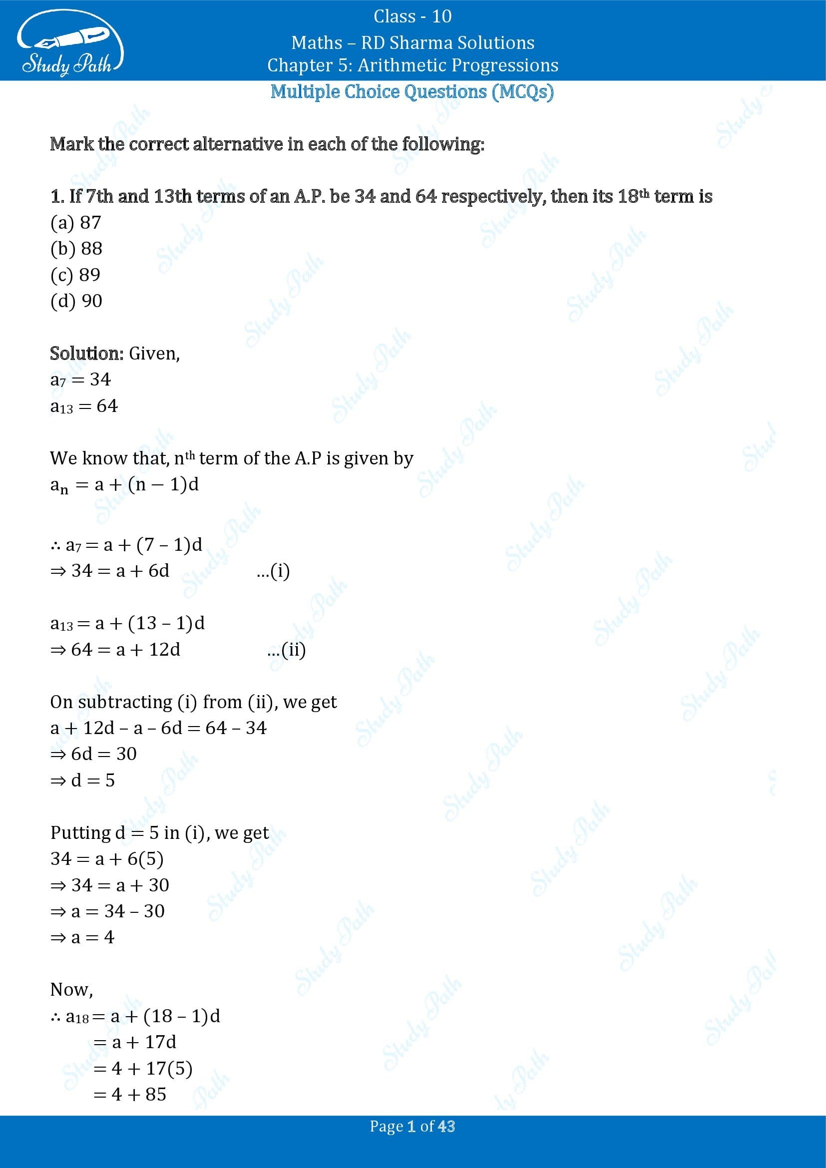 RD Sharma Solutions Class 10 Chapter 5 Arithmetic Progressions Multiple Choice Question MCQs 00001