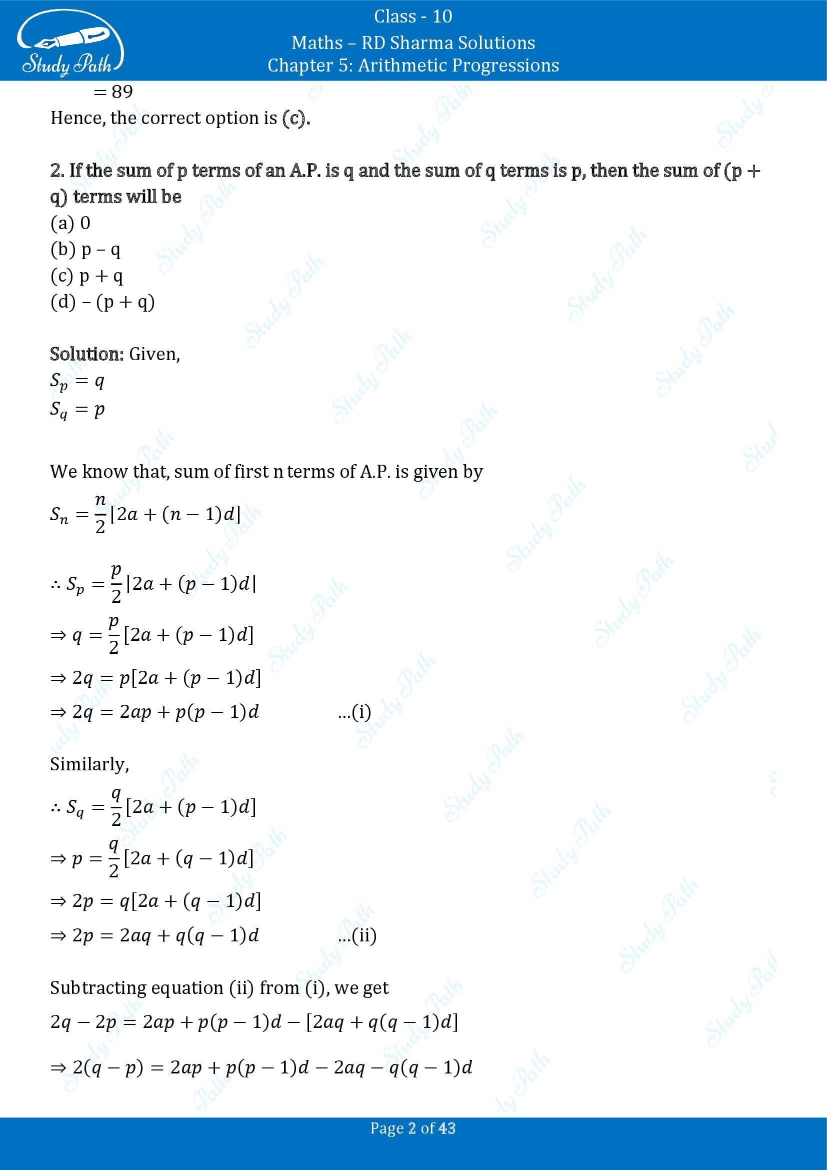 RD Sharma Solutions Class 10 Chapter 5 Arithmetic Progressions Multiple Choice Question MCQs 00002