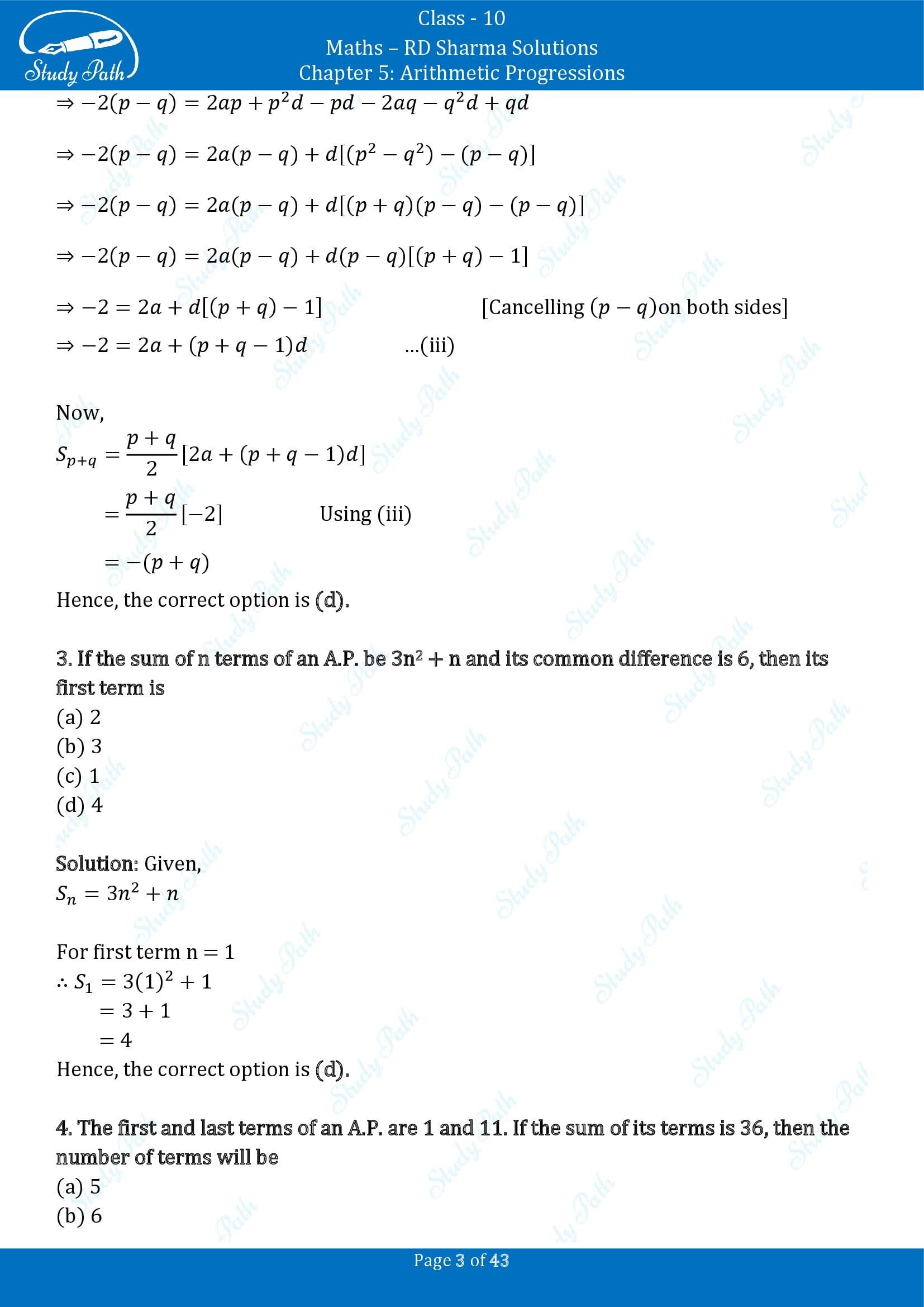 RD Sharma Solutions Class 10 Chapter 5 Arithmetic Progressions Multiple Choice Question MCQs 00003
