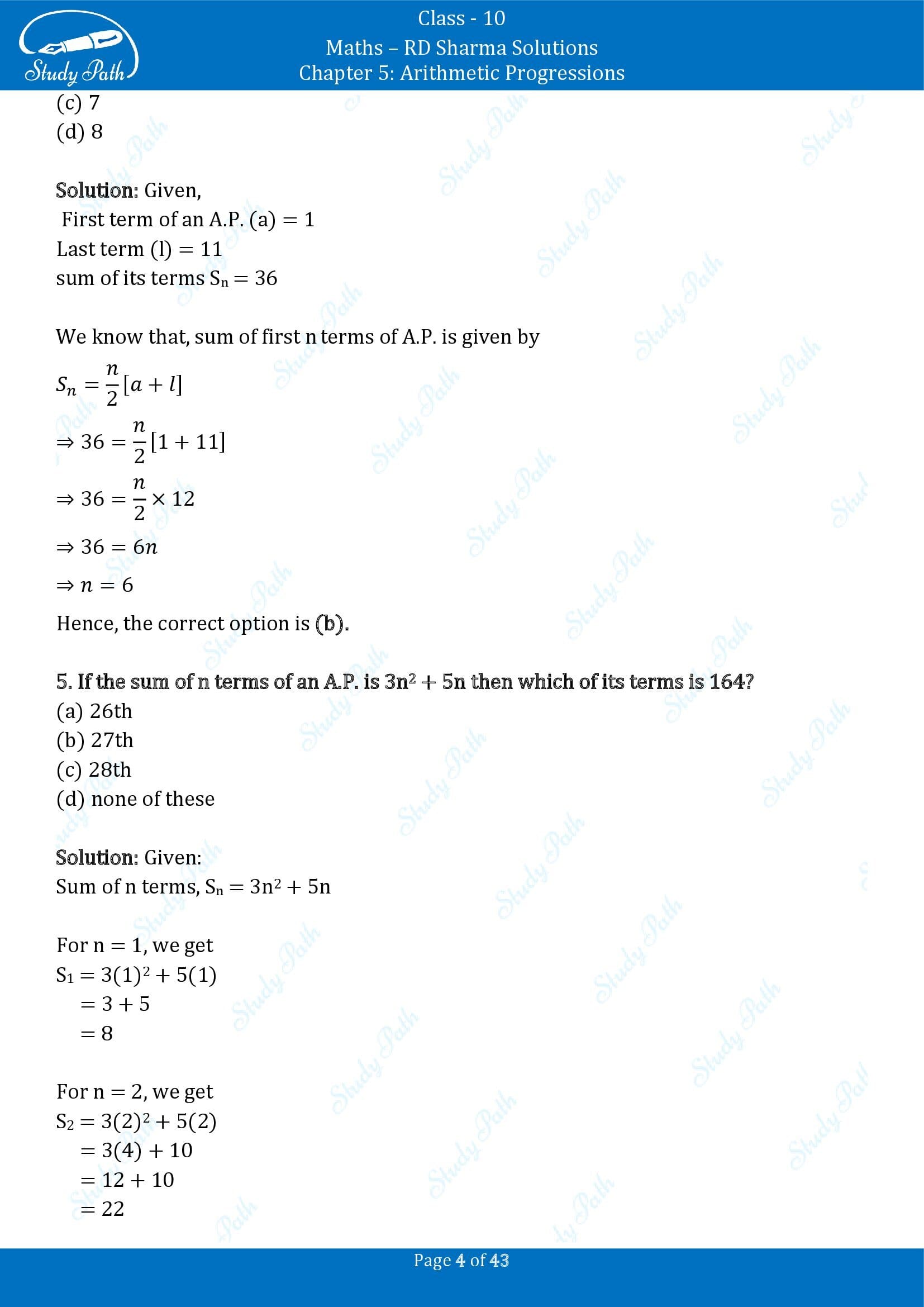 RD Sharma Solutions Class 10 Chapter 5 Arithmetic Progressions Multiple Choice Question MCQs 00004