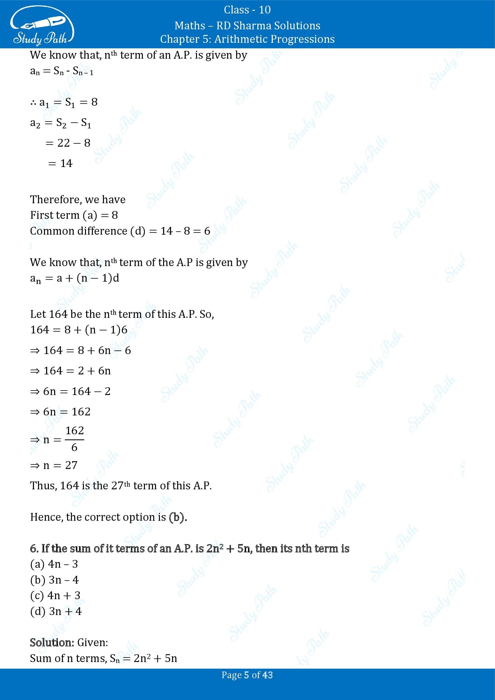 RD Sharma Solutions Class 10 Chapter 5 Arithmetic Progressions Multiple Choice Question MCQs 00005
