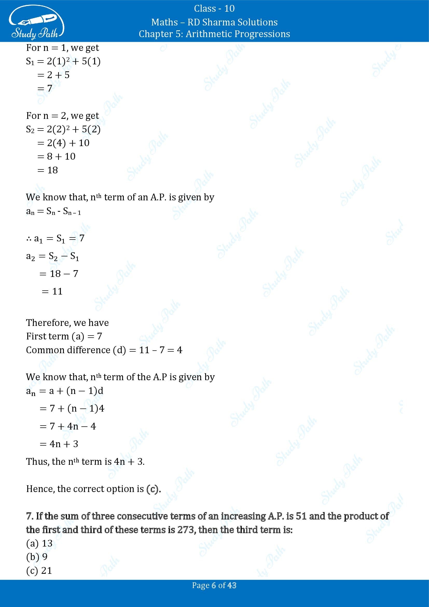 RD Sharma Solutions Class 10 Chapter 5 Arithmetic Progressions Multiple Choice Question MCQs 00006