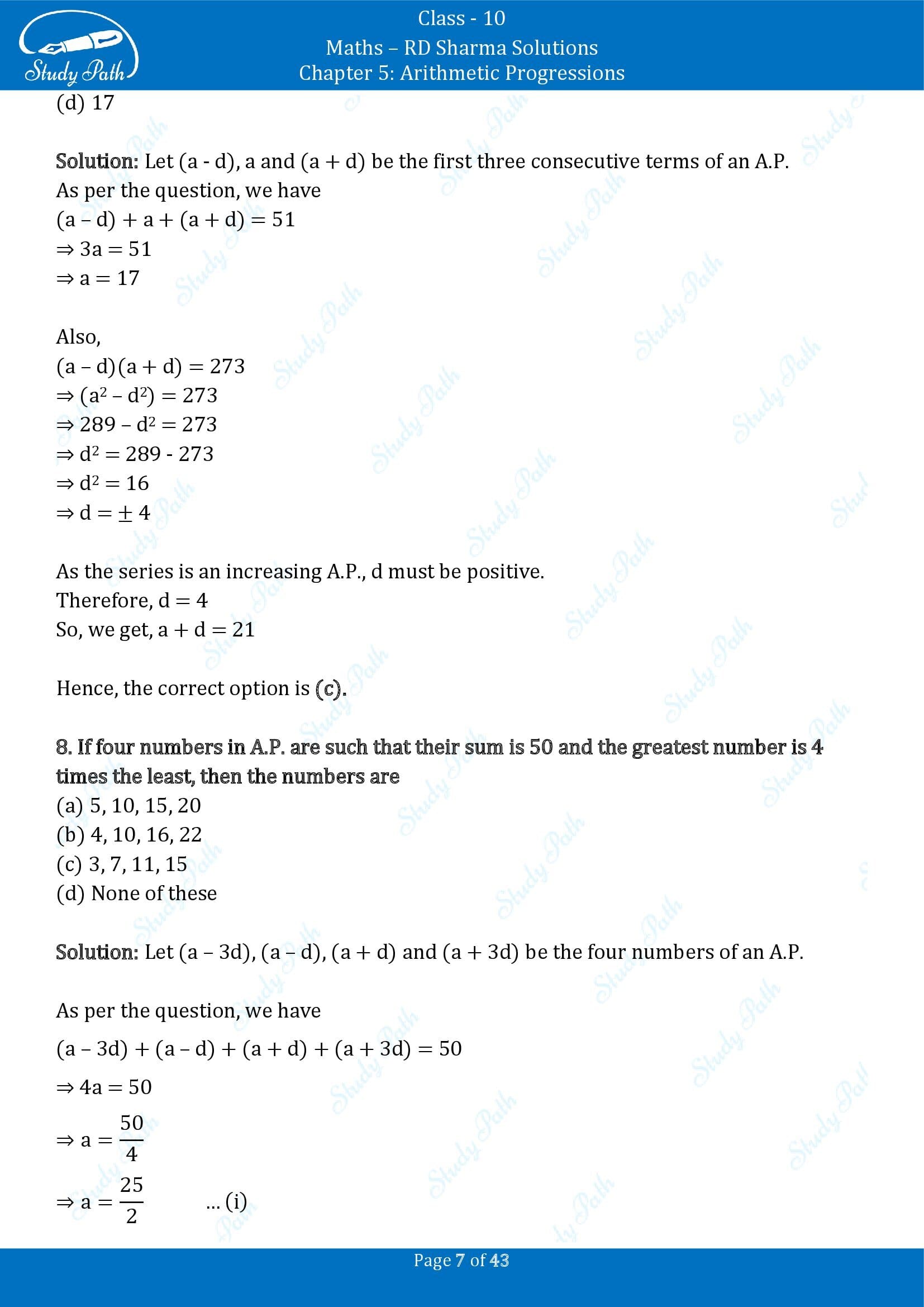 RD Sharma Solutions Class 10 Chapter 5 Arithmetic Progressions Multiple Choice Question MCQs 00007