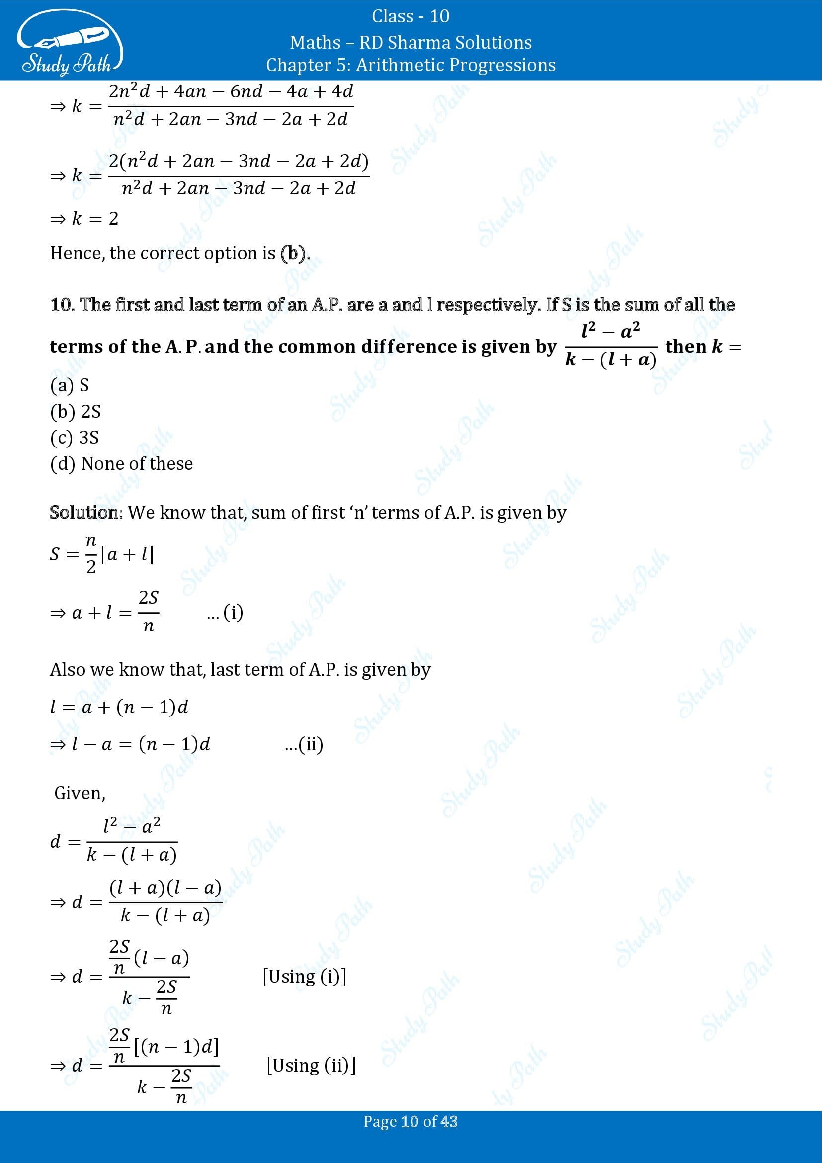 RD Sharma Solutions Class 10 Chapter 5 Arithmetic Progressions Multiple Choice Question MCQs 00010