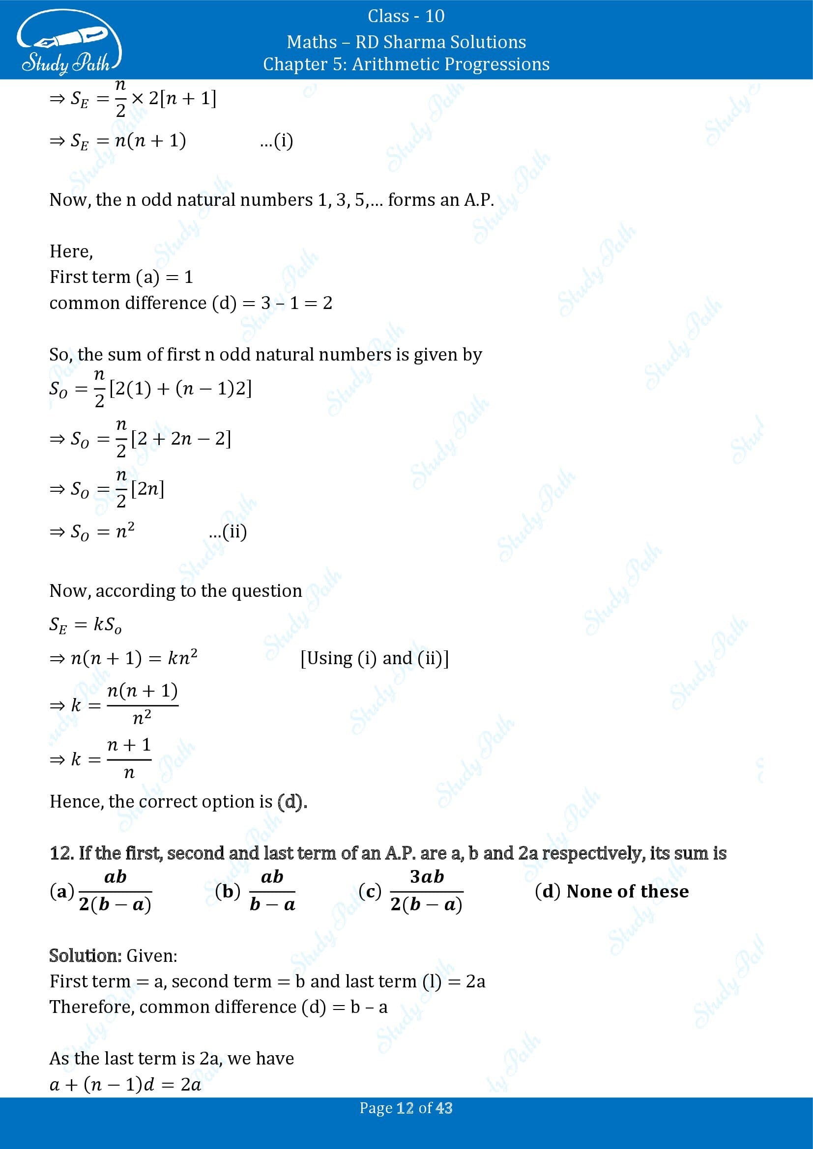 RD Sharma Solutions Class 10 Chapter 5 Arithmetic Progressions Multiple Choice Question MCQs 00012