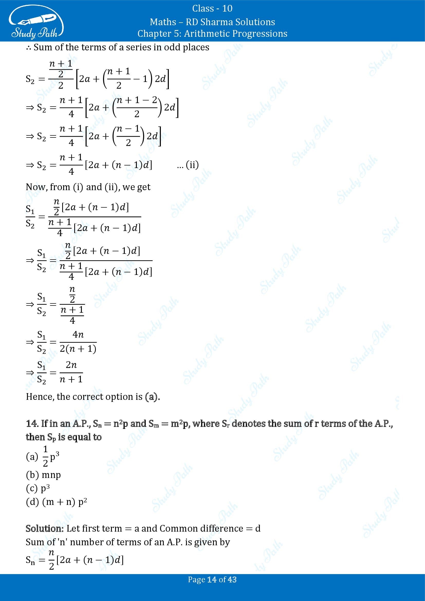 RD Sharma Solutions Class 10 Chapter 5 Arithmetic Progressions Multiple Choice Question MCQs 00014