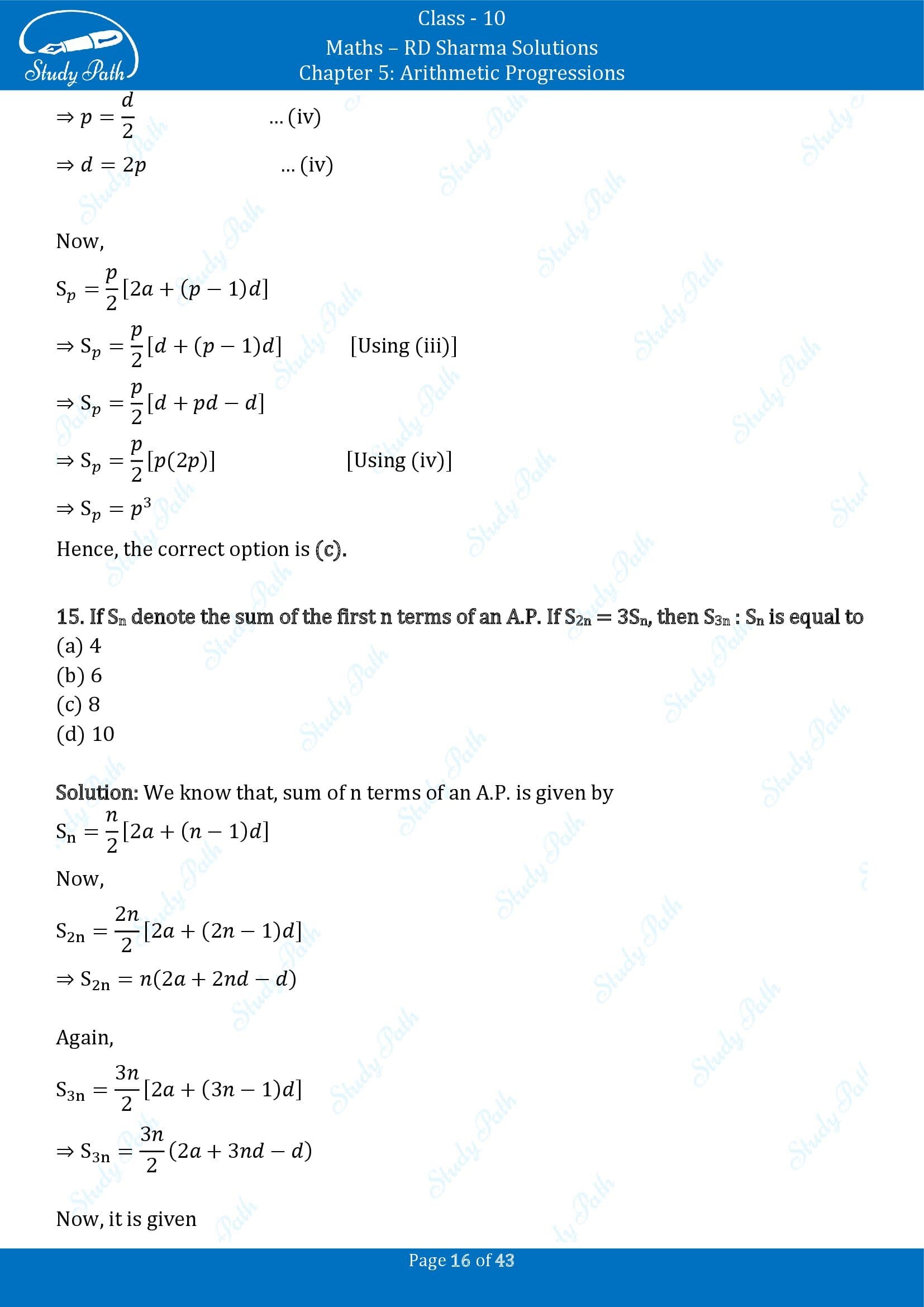 RD Sharma Solutions Class 10 Chapter 5 Arithmetic Progressions Multiple Choice Question MCQs 00016