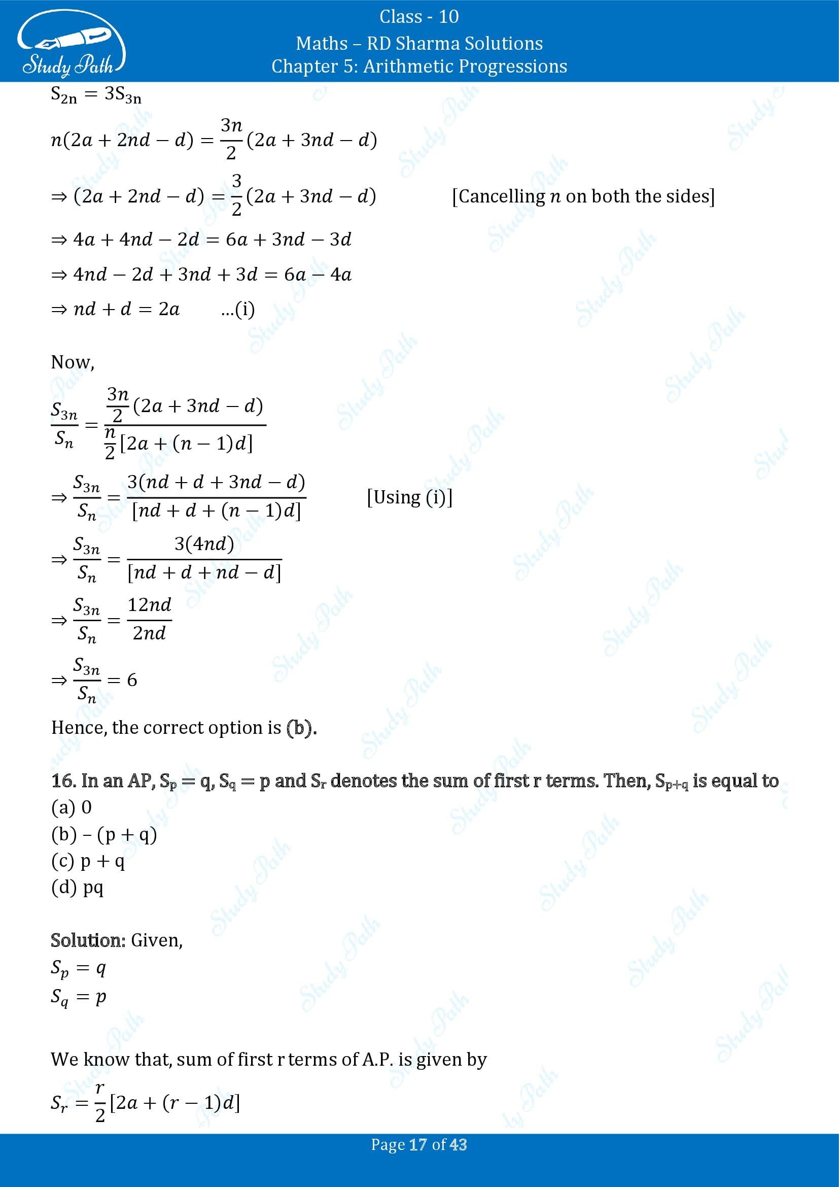 RD Sharma Solutions Class 10 Chapter 5 Arithmetic Progressions Multiple Choice Question MCQs 00017