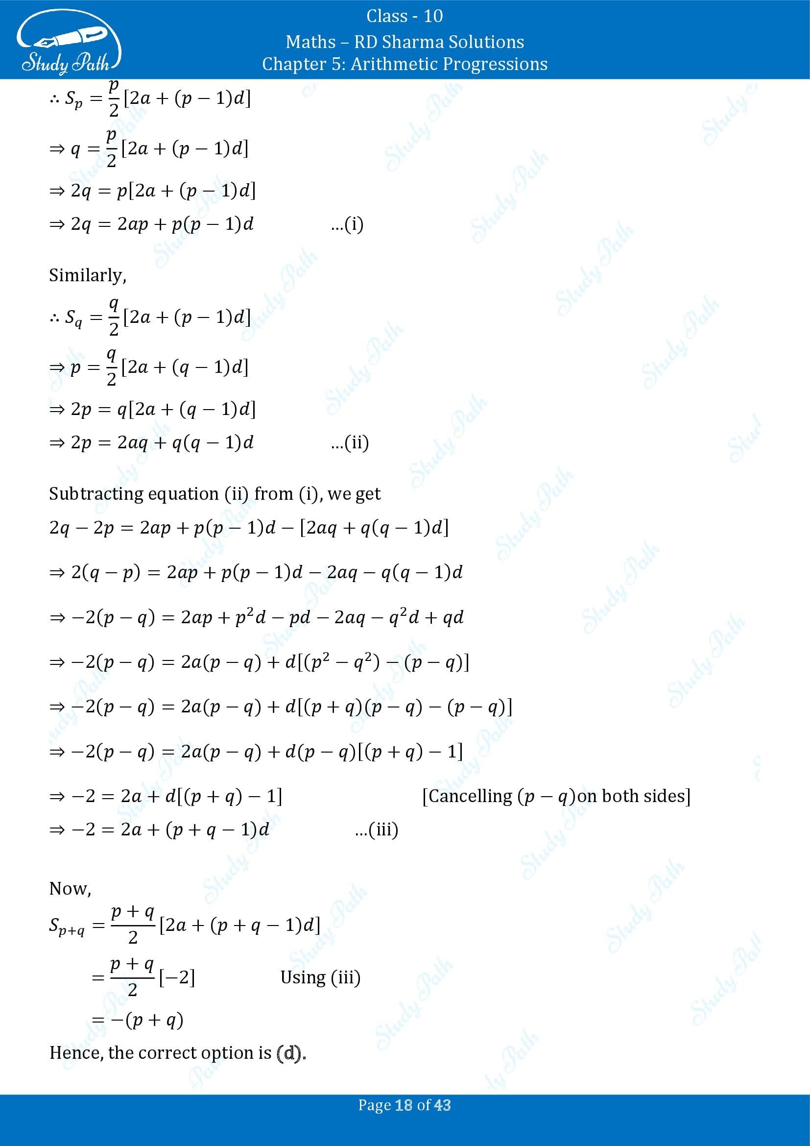 RD Sharma Solutions Class 10 Chapter 5 Arithmetic Progressions Multiple Choice Question MCQs 00018