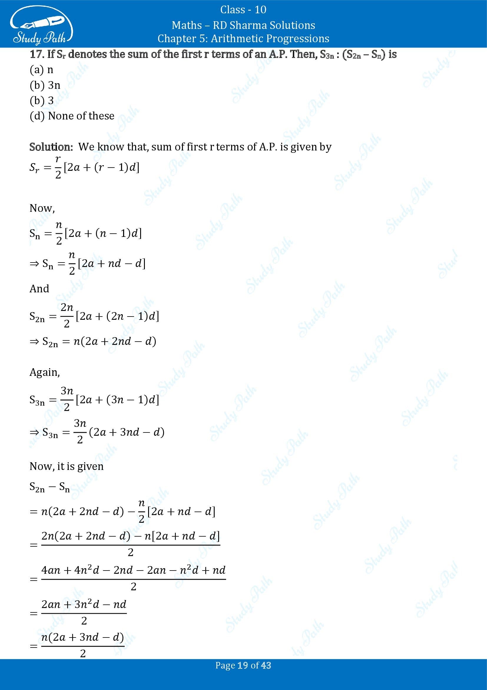RD Sharma Solutions Class 10 Chapter 5 Arithmetic Progressions Multiple Choice Question MCQs 00019
