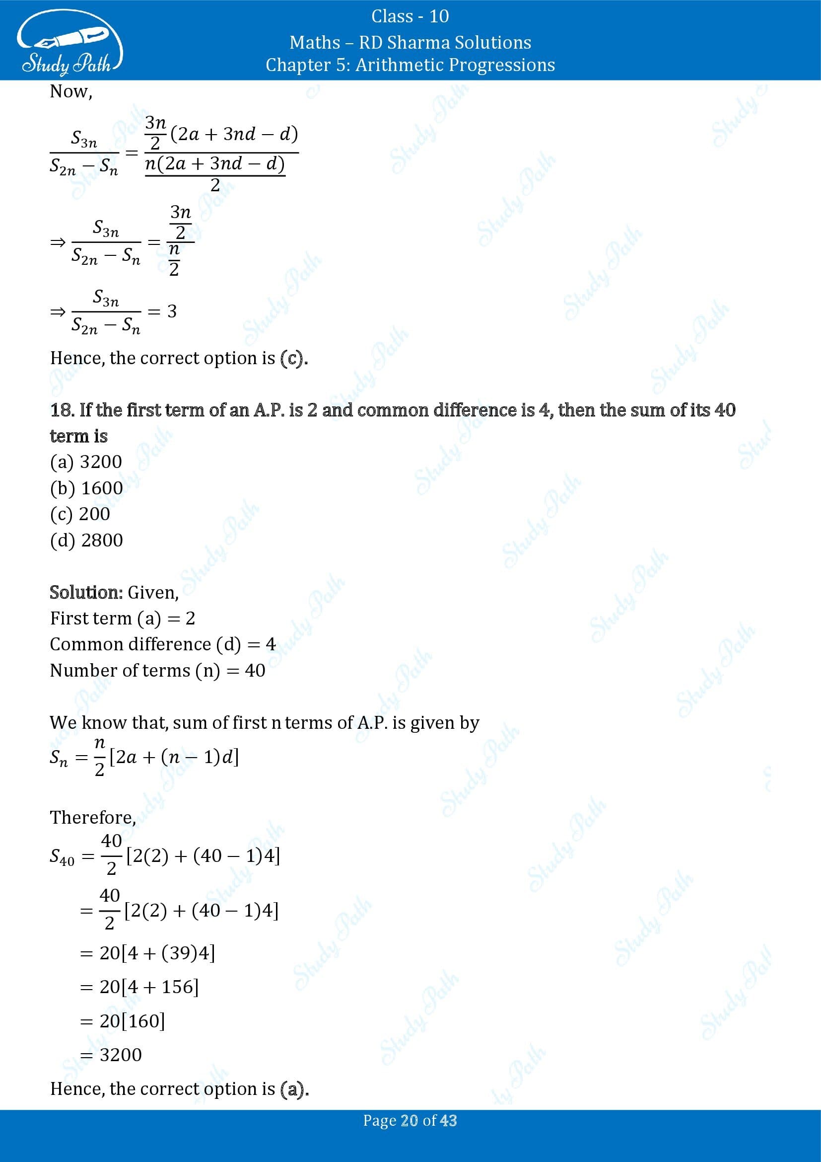 RD Sharma Solutions Class 10 Chapter 5 Arithmetic Progressions Multiple Choice Question MCQs 00020