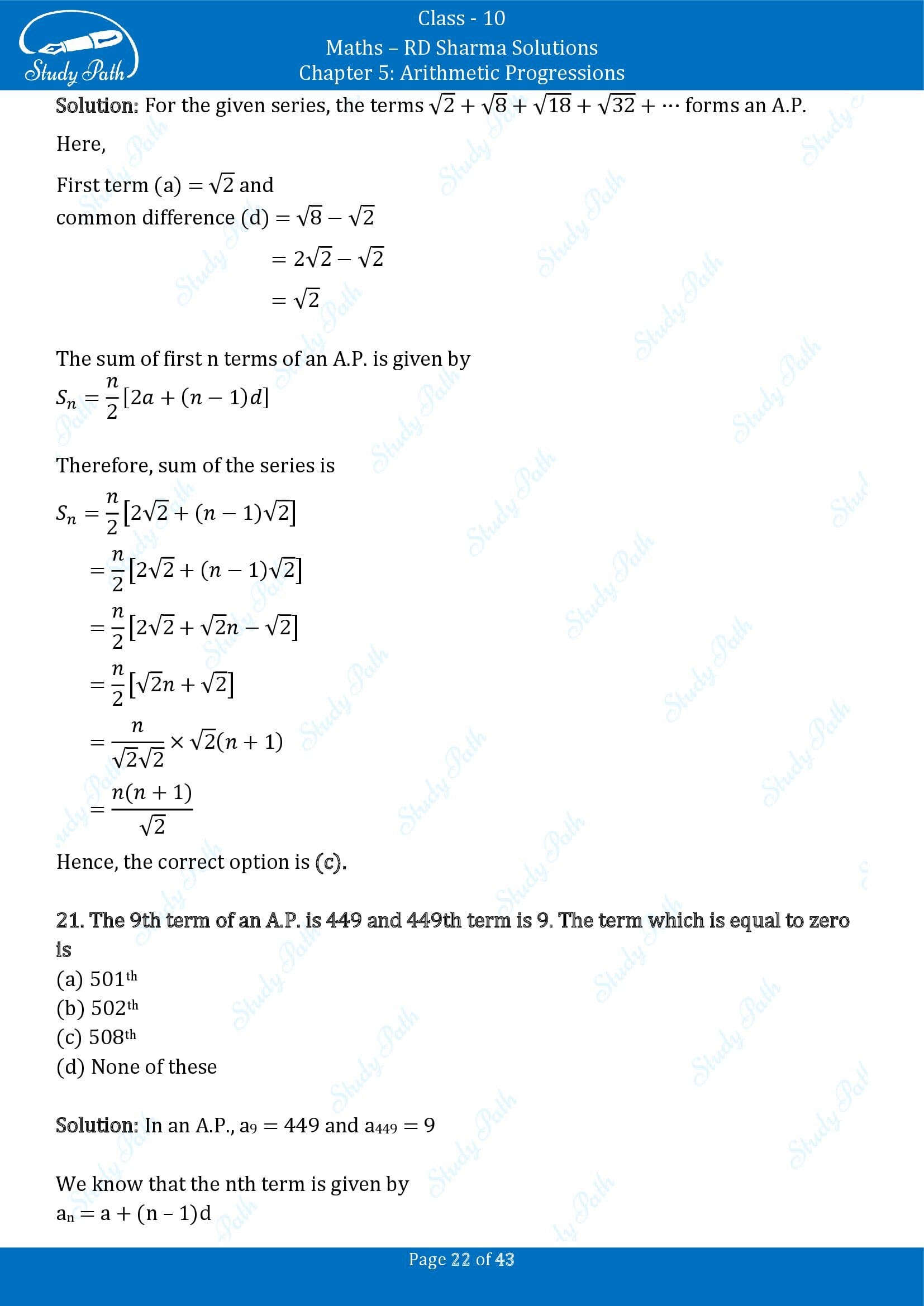 RD Sharma Solutions Class 10 Chapter 5 Arithmetic Progressions Multiple Choice Question MCQs 00022
