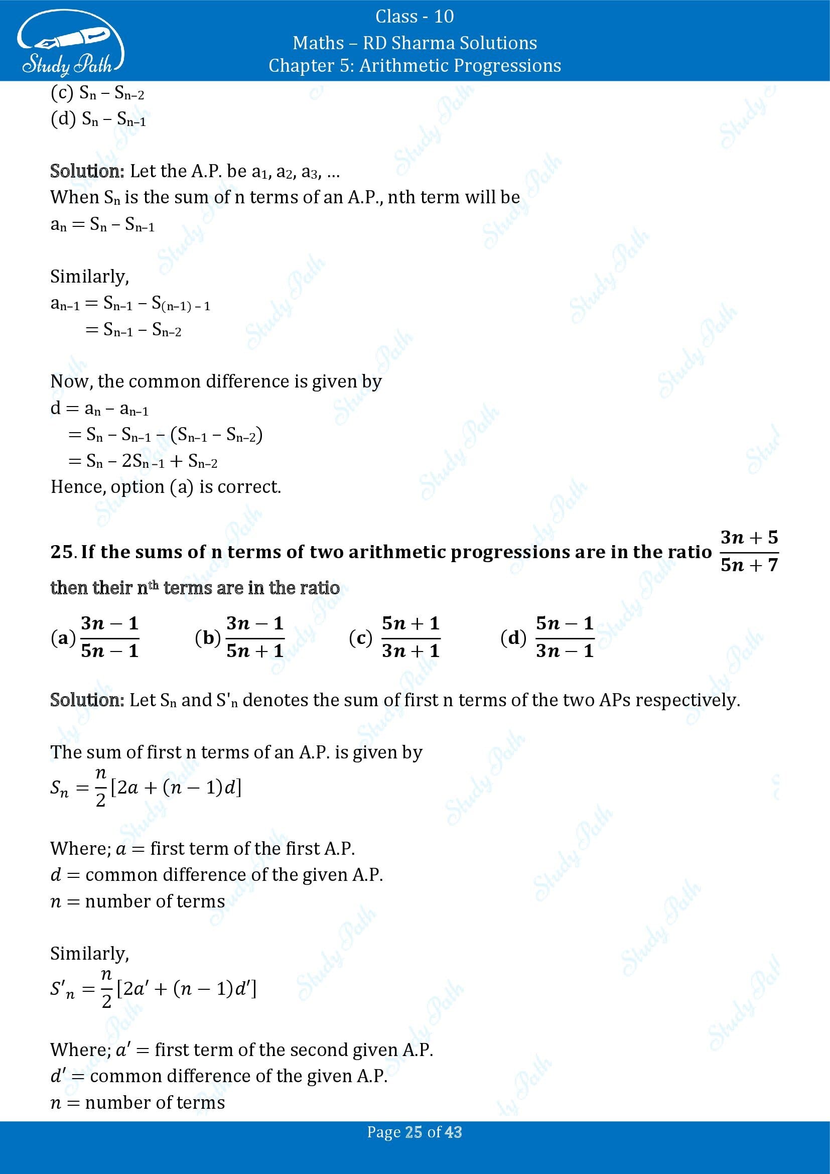 RD Sharma Solutions Class 10 Chapter 5 Arithmetic Progressions Multiple Choice Question MCQs 00025