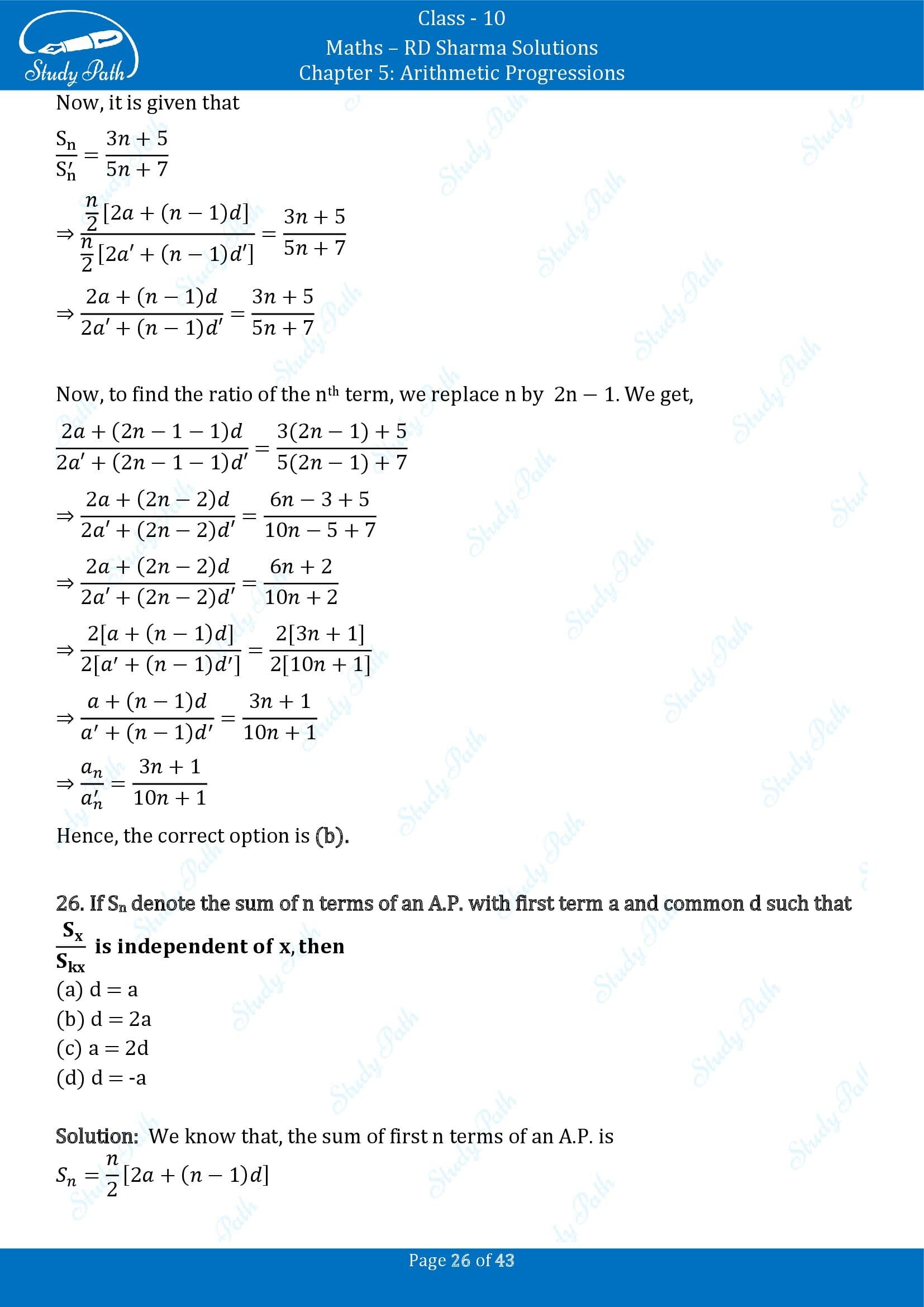 RD Sharma Solutions Class 10 Chapter 5 Arithmetic Progressions Multiple Choice Question MCQs 00026