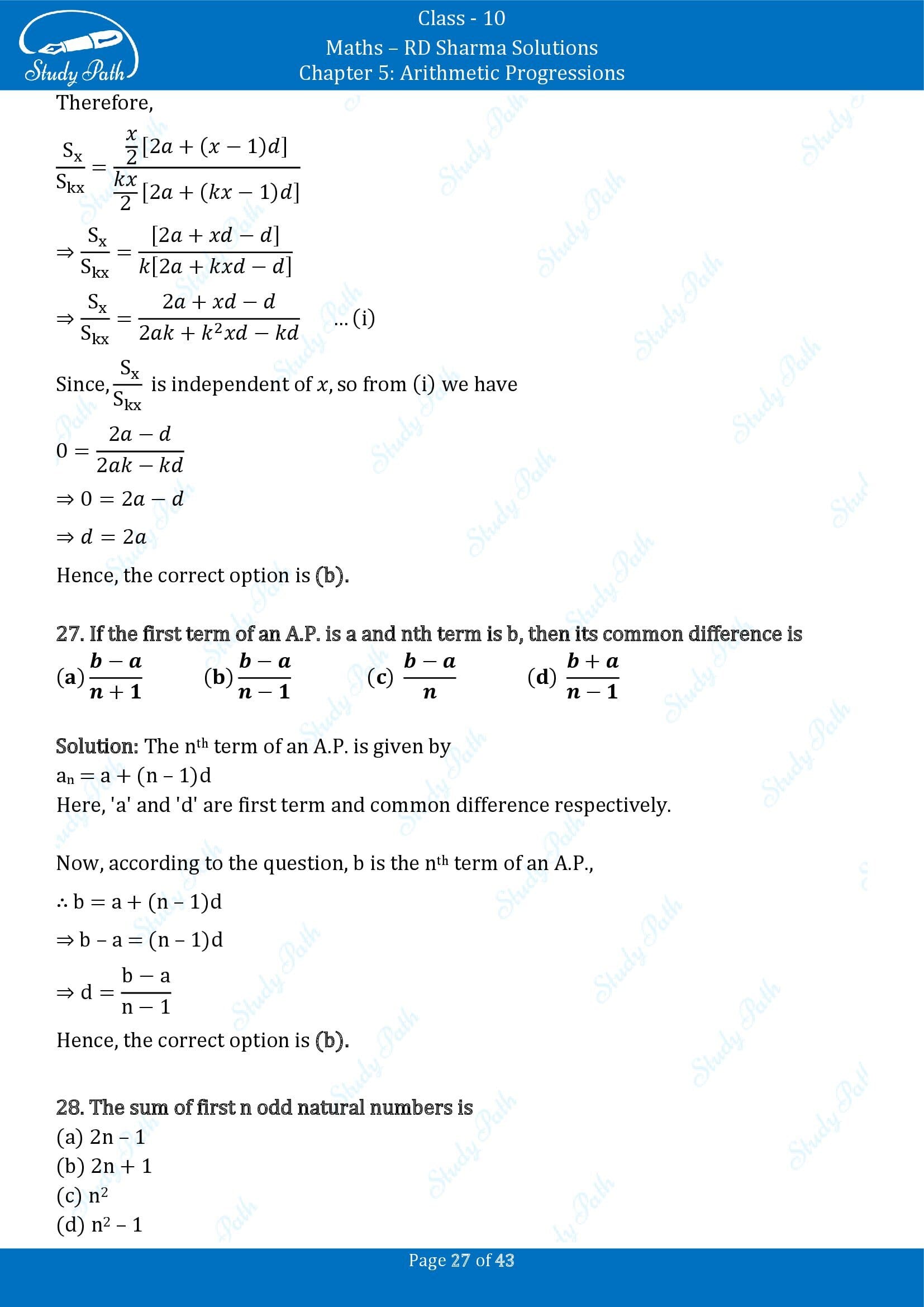 RD Sharma Solutions Class 10 Chapter 5 Arithmetic Progressions Multiple Choice Question MCQs 00027