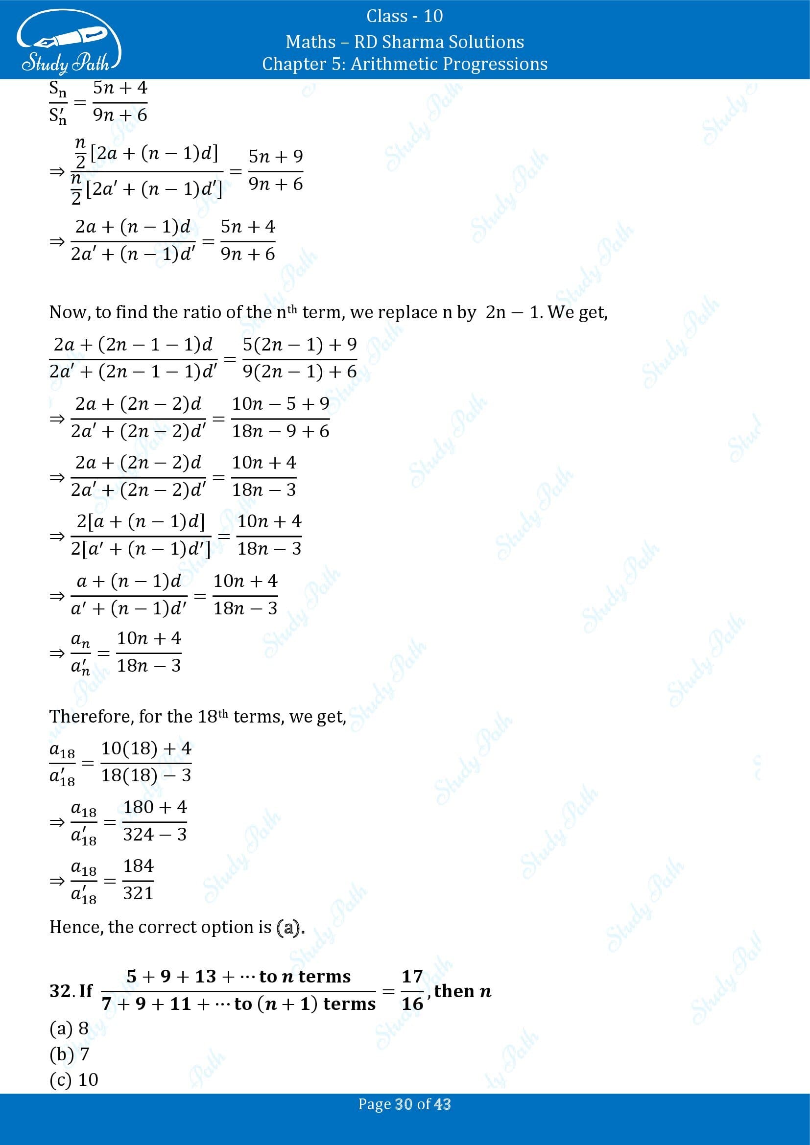 RD Sharma Solutions Class 10 Chapter 5 Arithmetic Progressions Multiple Choice Question MCQs 00030