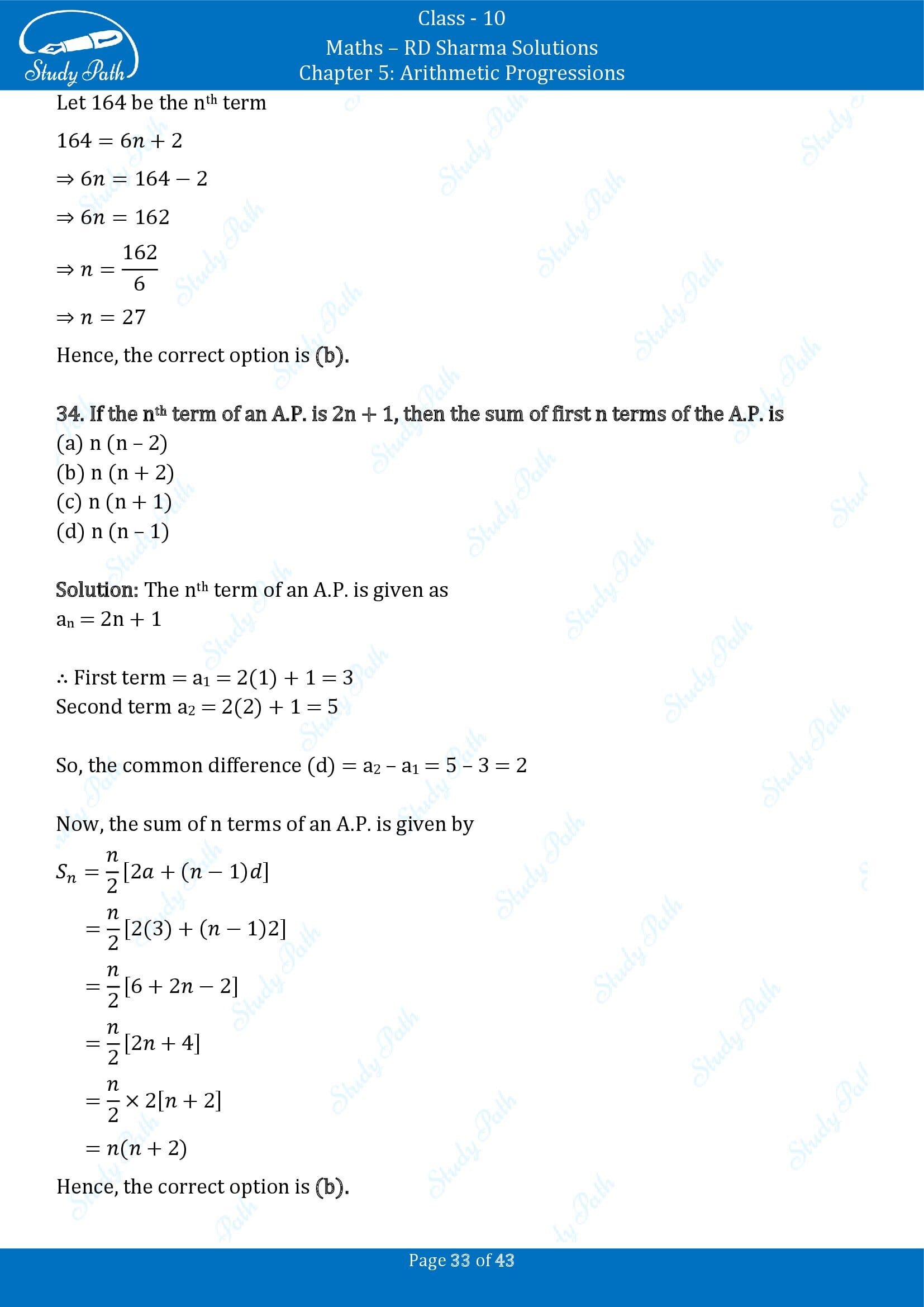 RD Sharma Solutions Class 10 Chapter 5 Arithmetic Progressions Multiple Choice Question MCQs 00033
