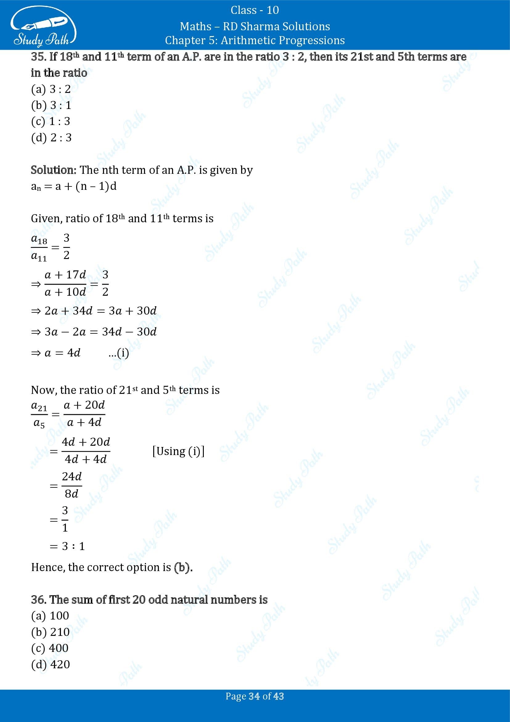 RD Sharma Solutions Class 10 Chapter 5 Arithmetic Progressions Multiple Choice Question MCQs 00034