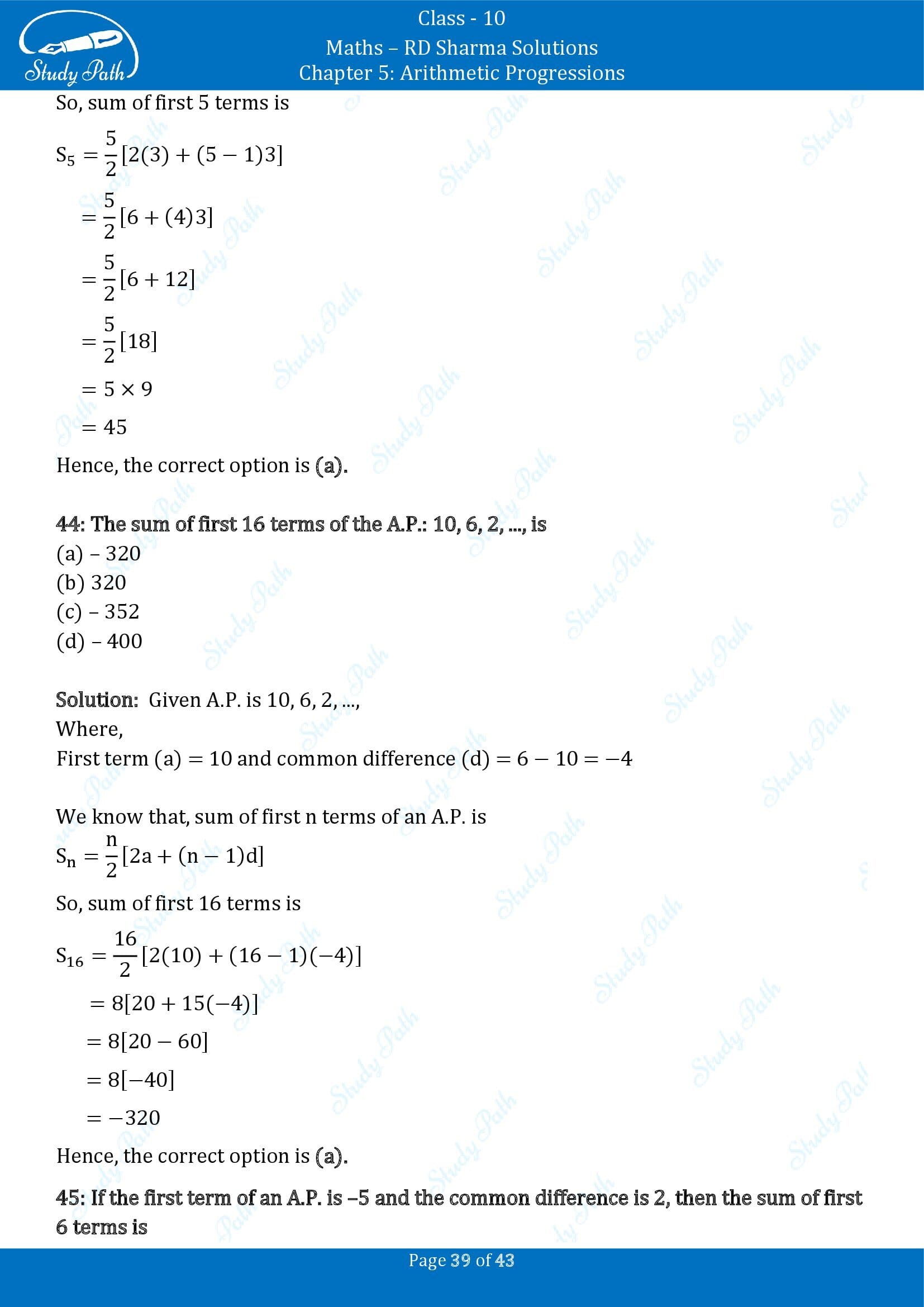 RD Sharma Solutions Class 10 Chapter 5 Arithmetic Progressions Multiple Choice Question MCQs 00039