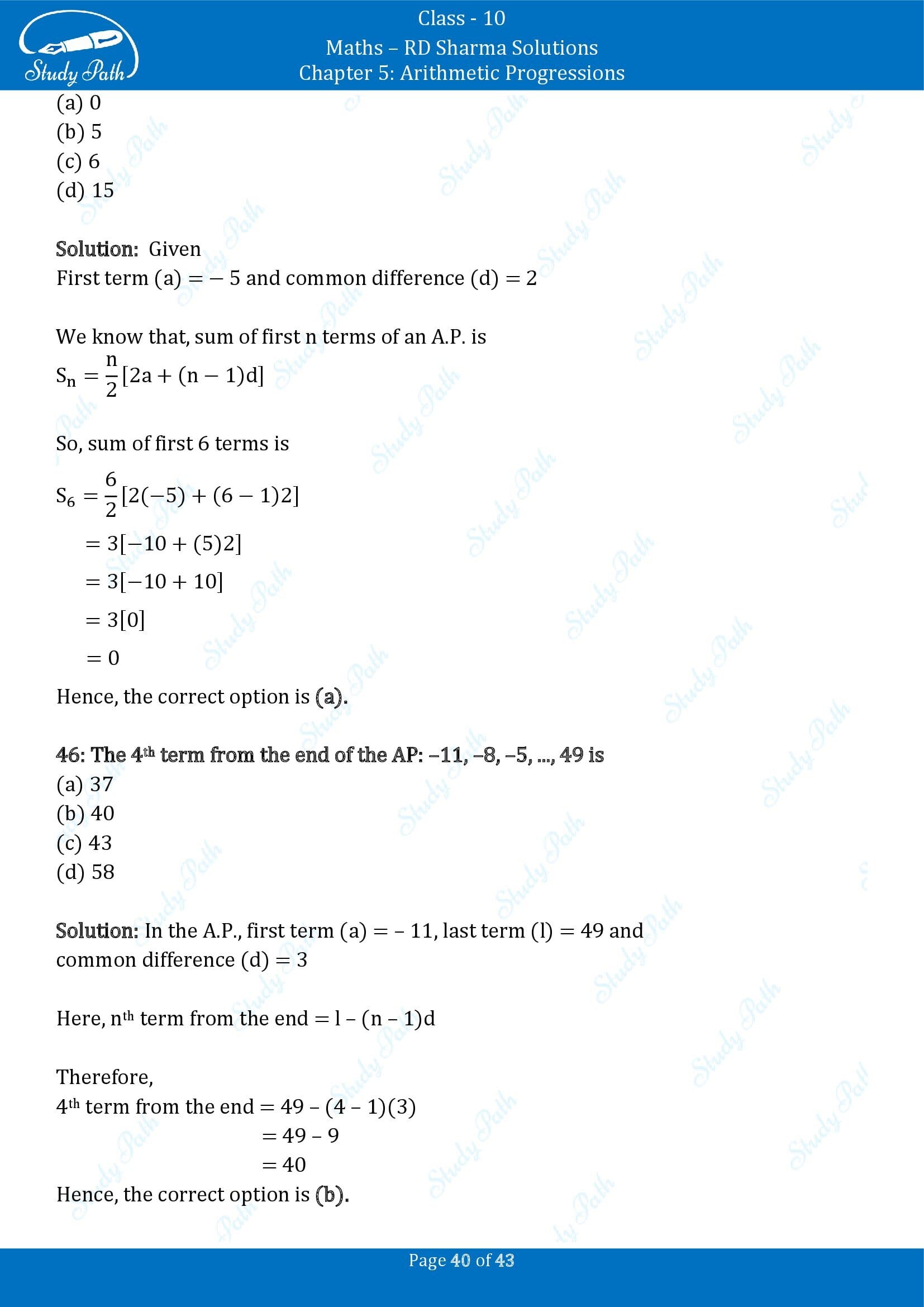 RD Sharma Solutions Class 10 Chapter 5 Arithmetic Progressions Multiple Choice Question MCQs 00040