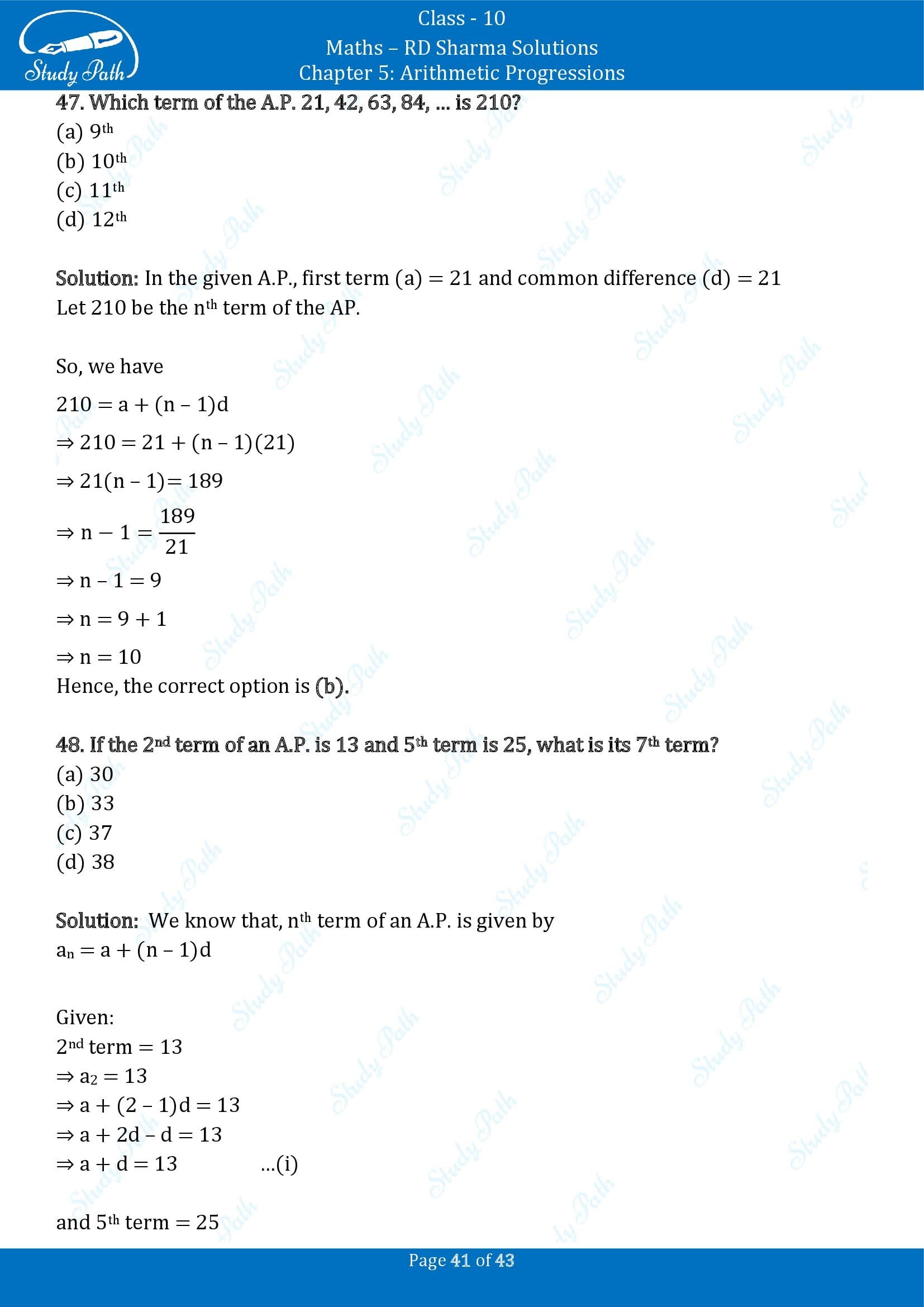RD Sharma Solutions Class 10 Chapter 5 Arithmetic Progressions Multiple Choice Question MCQs 00041