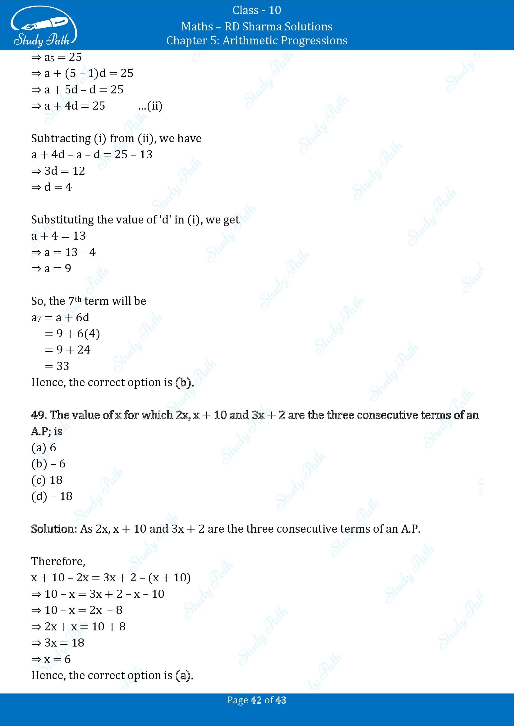 RD Sharma Solutions Class 10 Chapter 5 Arithmetic Progressions Multiple Choice Question MCQs 00042