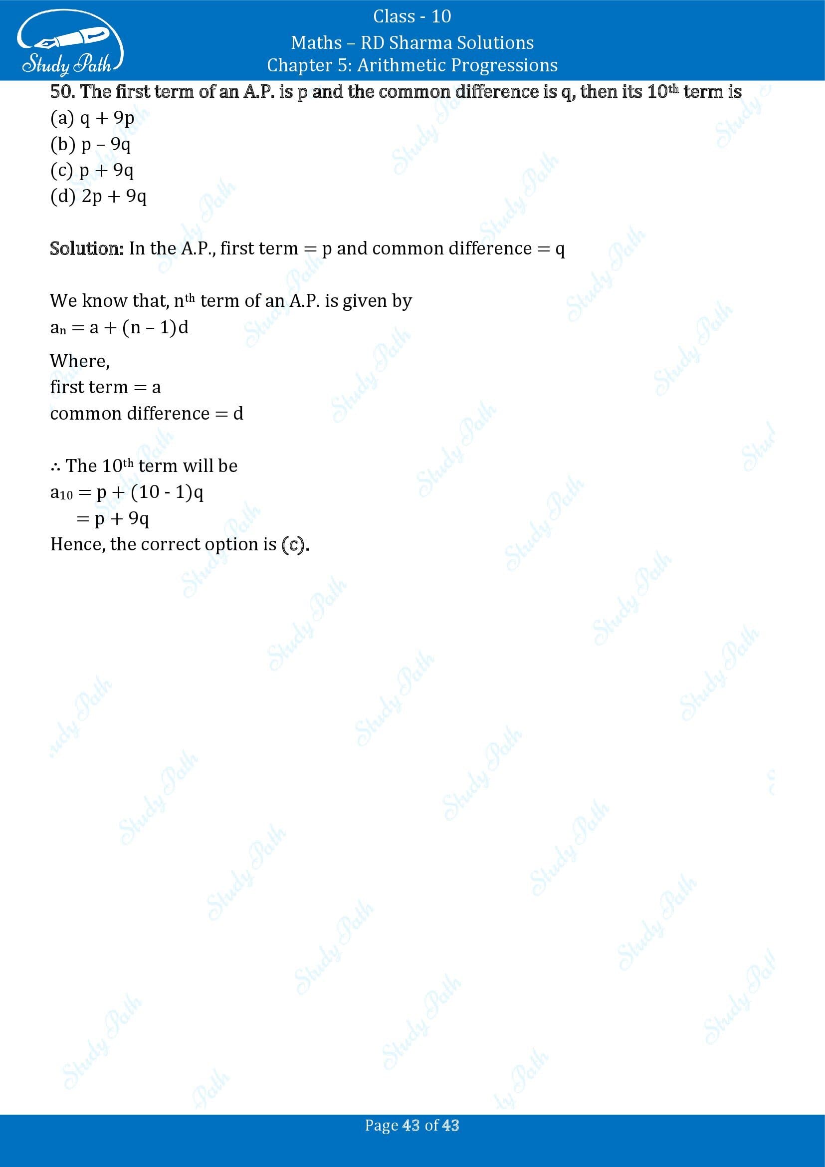 RD Sharma Solutions Class 10 Chapter 5 Arithmetic Progressions Multiple Choice Question MCQs 00043