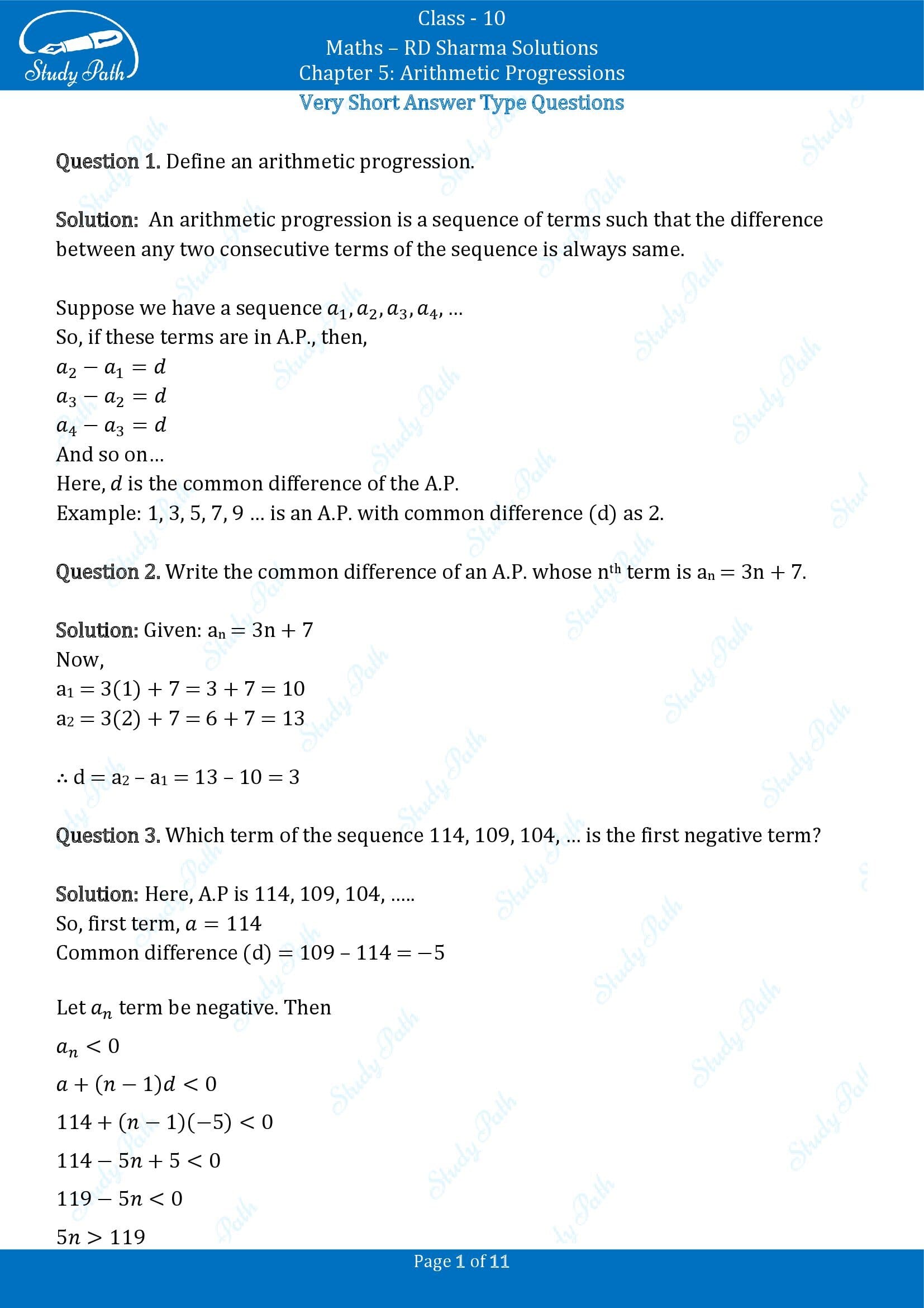 RD Sharma Solutions Class 10 Chapter 5 Arithmetic Progressions Very Short Answer Type Questions VSAQs 00001