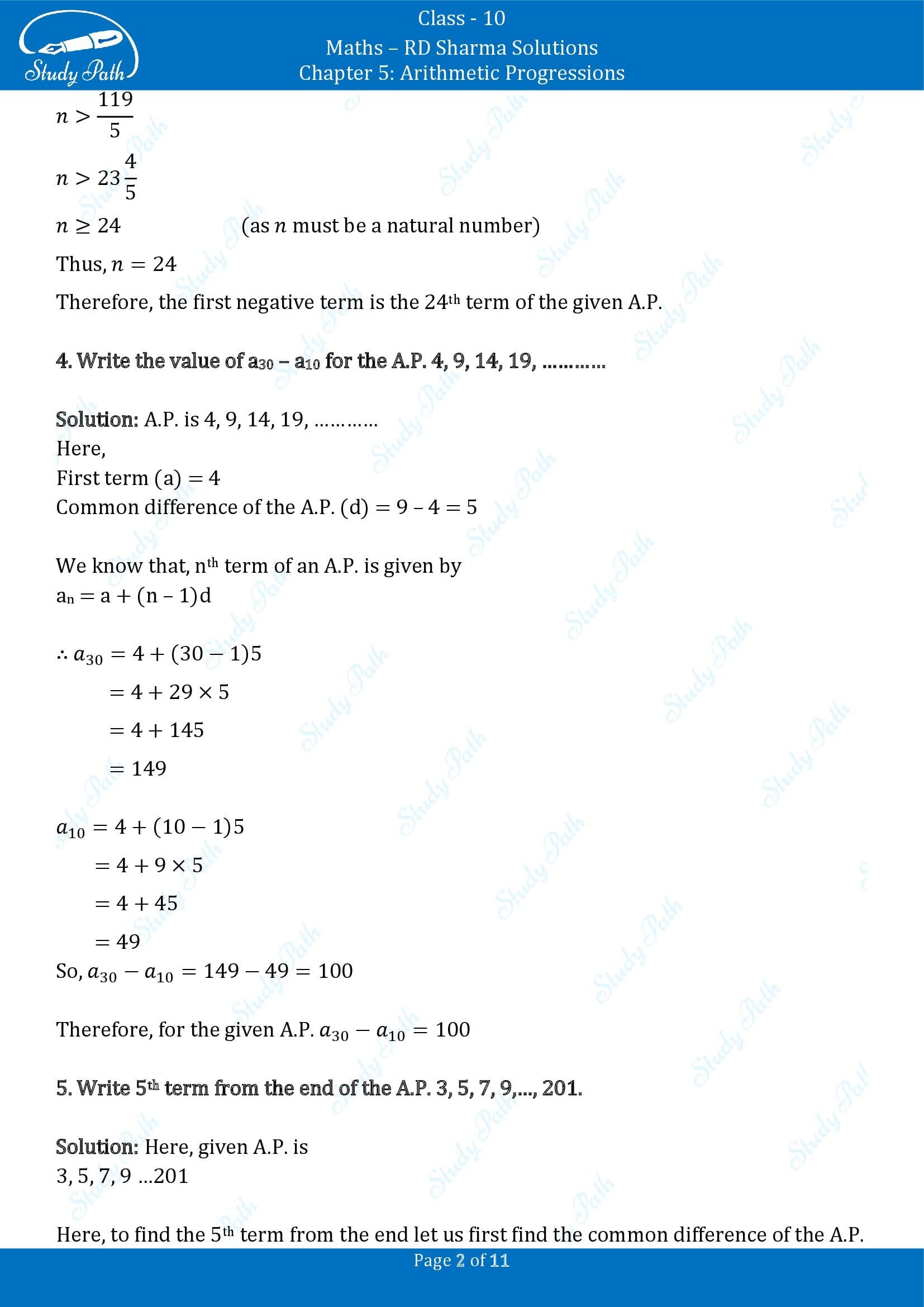 RD Sharma Solutions Class 10 Chapter 5 Arithmetic Progressions Very Short Answer Type Questions VSAQs 00002