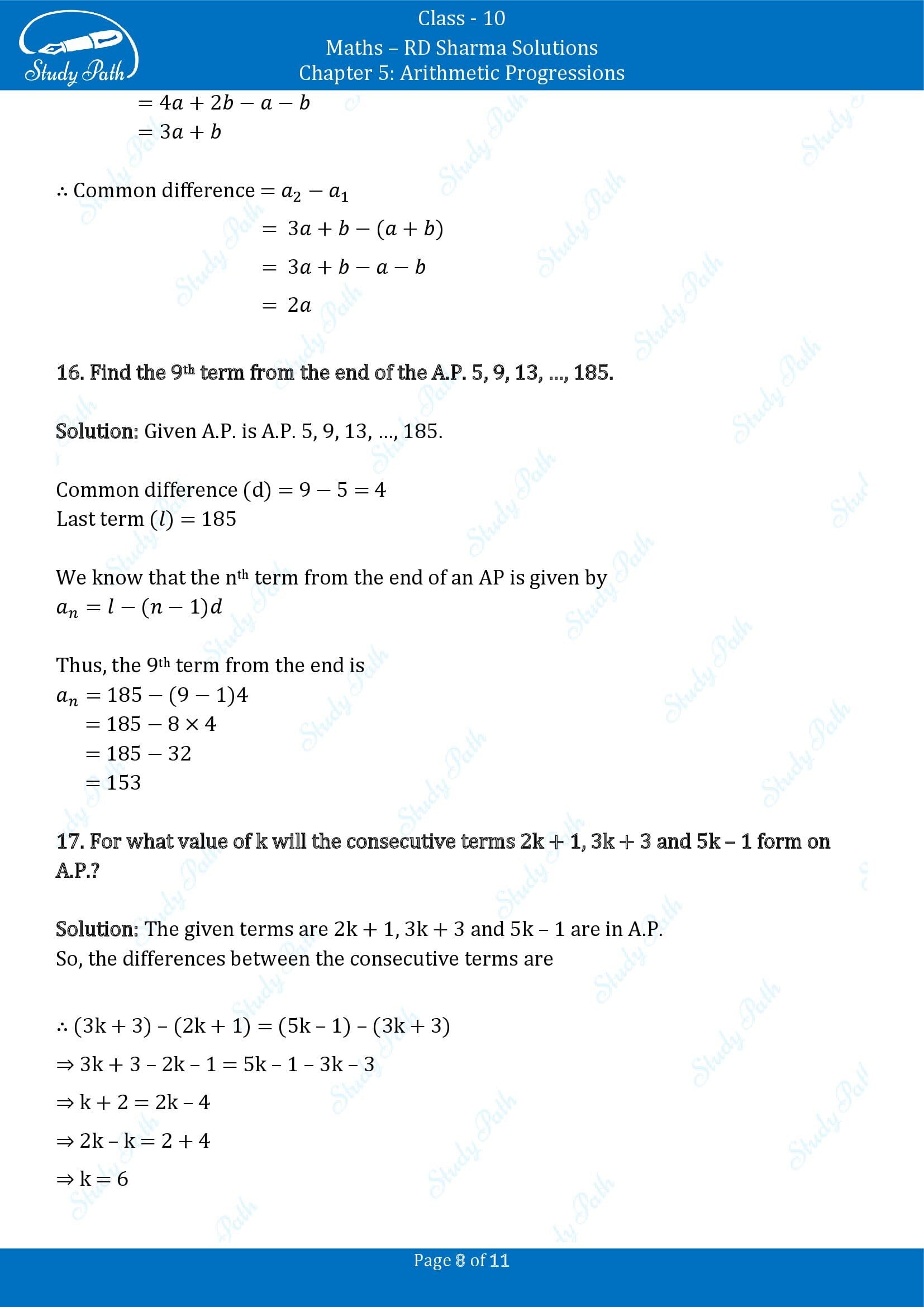 RD Sharma Solutions Class 10 Chapter 5 Arithmetic Progressions Very Short Answer Type Questions VSAQs 00008