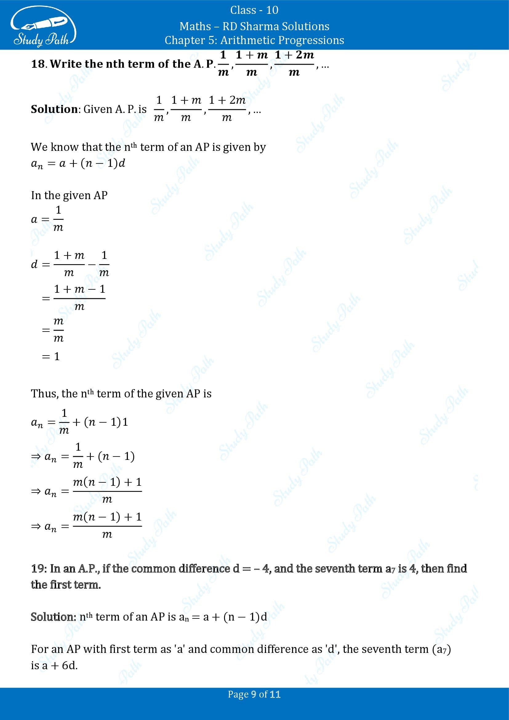 RD Sharma Solutions Class 10 Chapter 5 Arithmetic Progressions Very Short Answer Type Questions VSAQs 00009