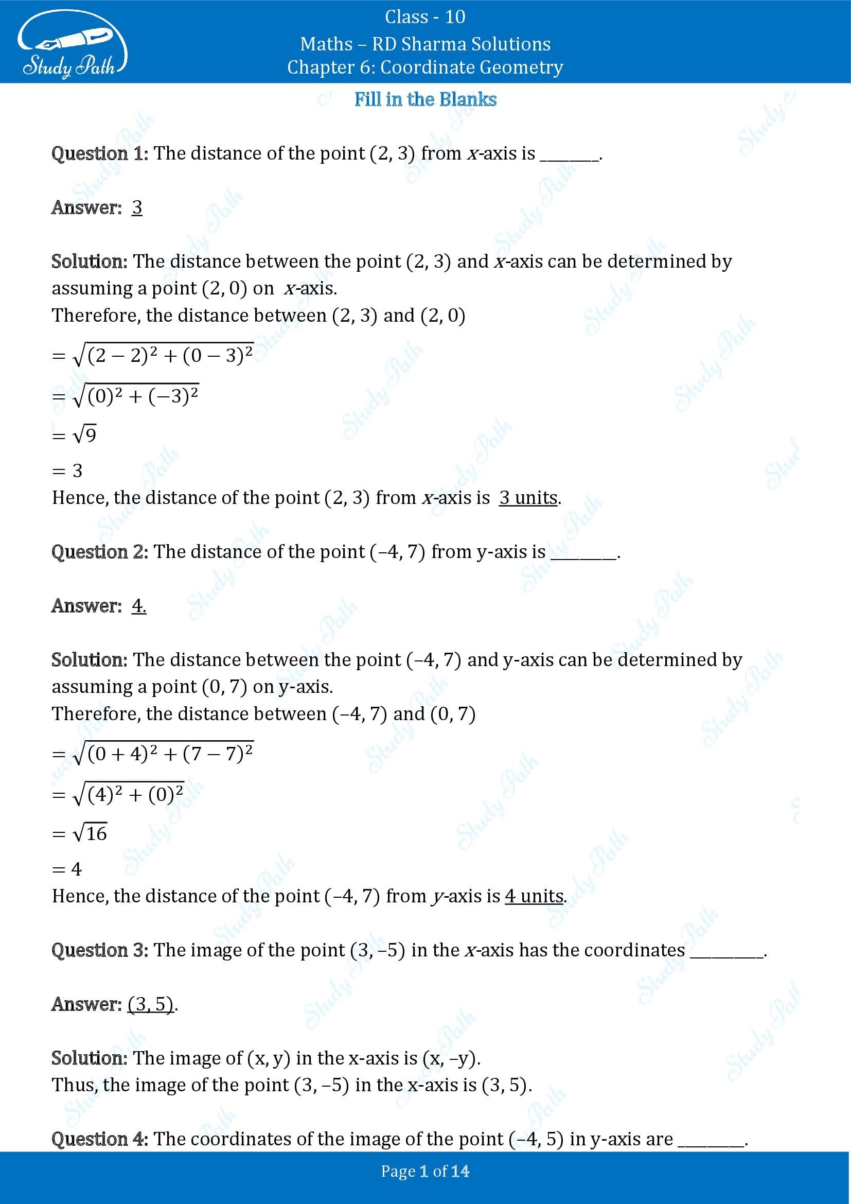 RD Sharma Solutions Class 10 Chapter 6 Coordinate Geometry Fill in the Blank Type Questions FBQs 00001