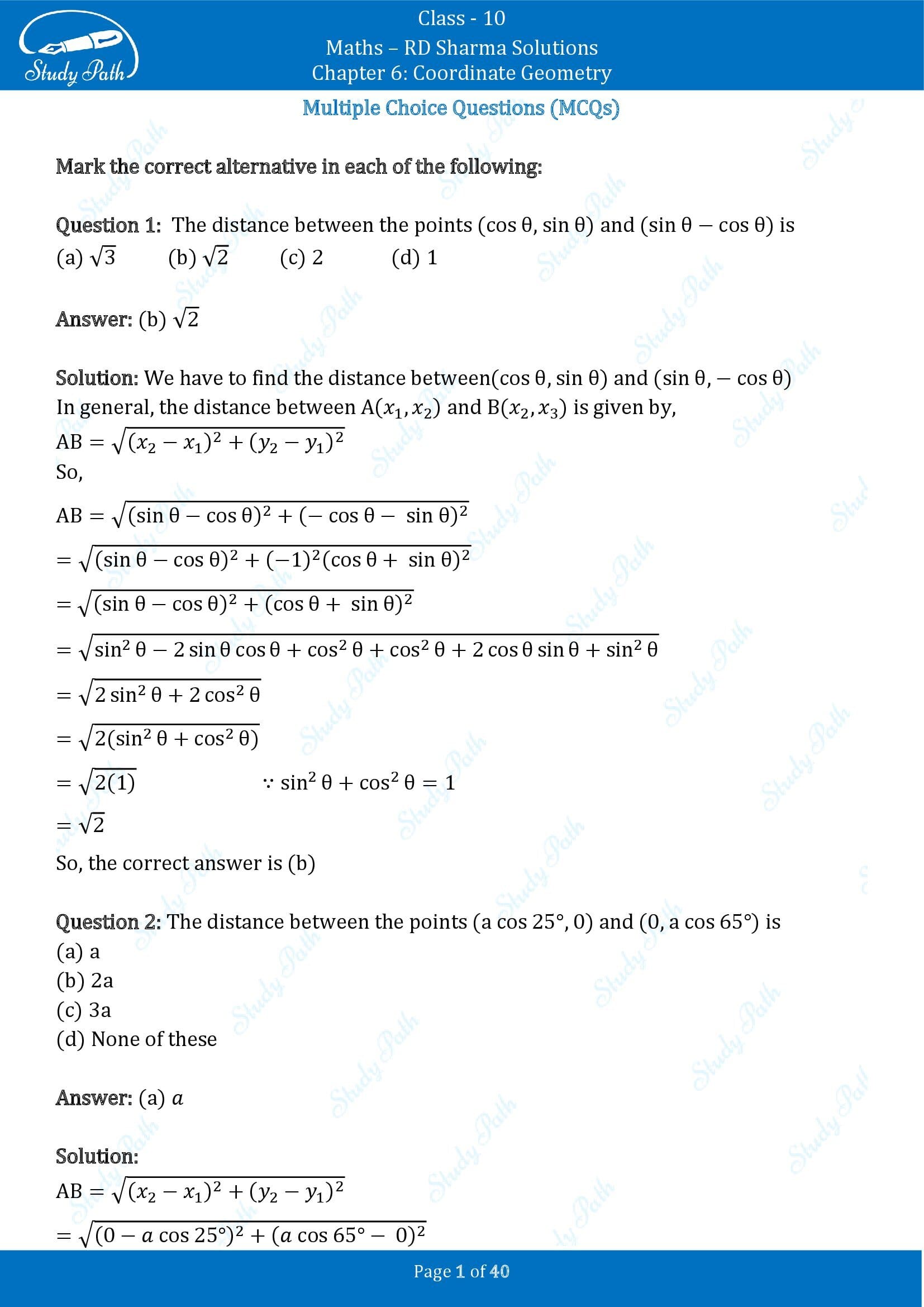 RD Sharma Solutions Class 10 Chapter 6 Coordinate Geometry Multiple Choice Question MCQs 00001