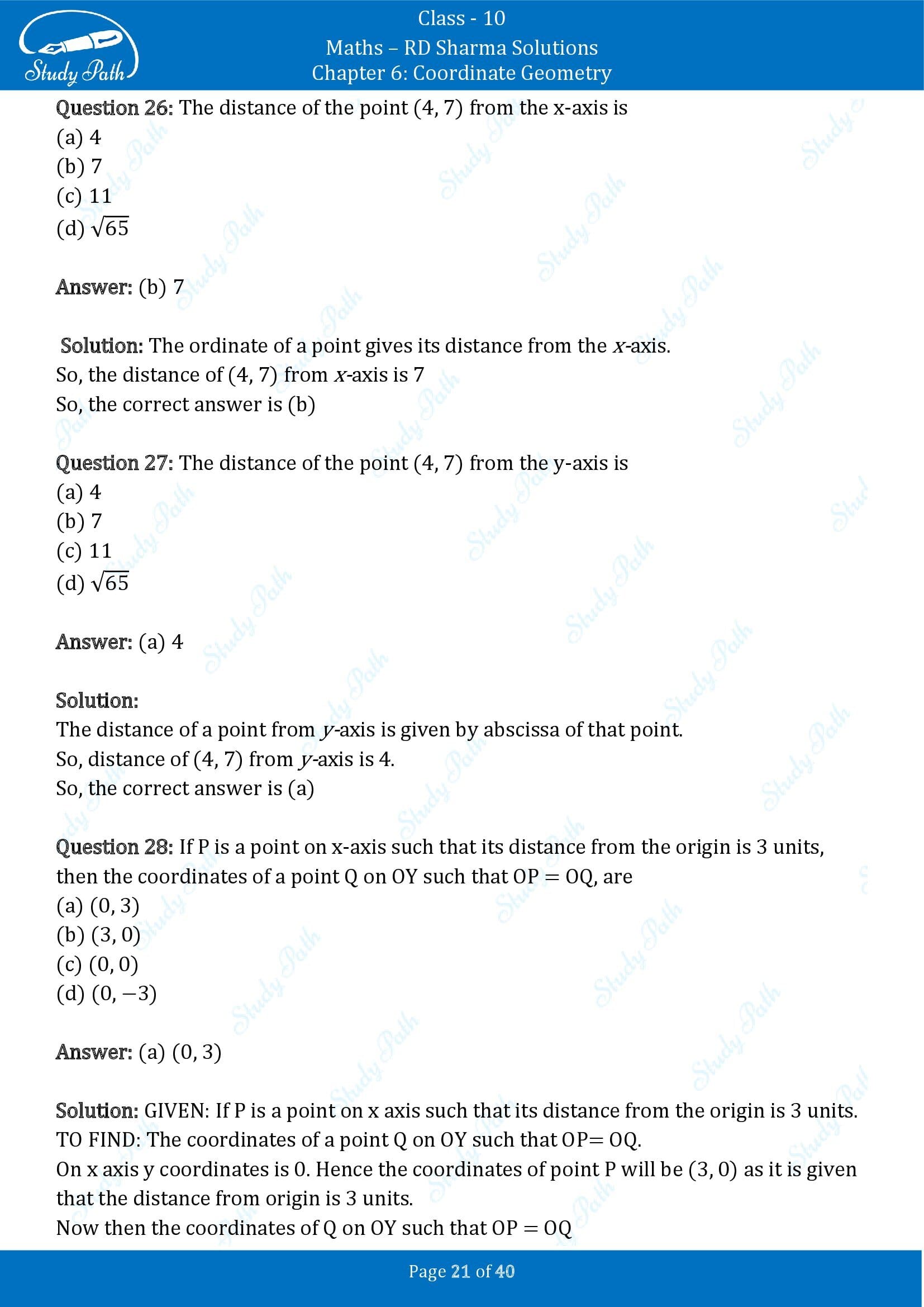 RD Sharma Solutions Class 10 Chapter 6 Coordinate Geometry Multiple Choice Question MCQs 00021