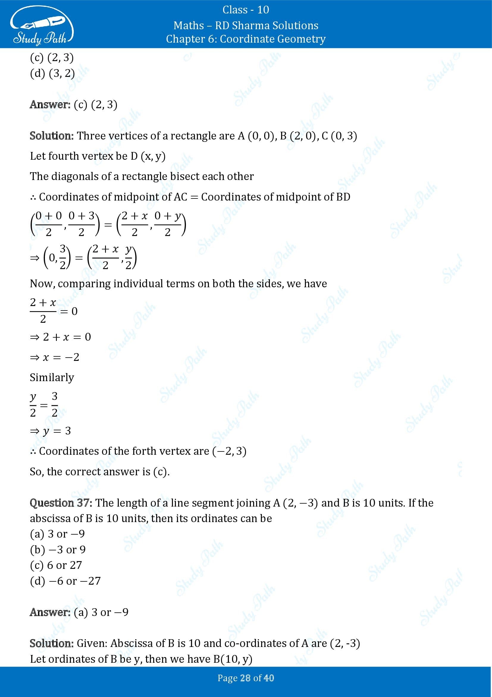 RD Sharma Solutions Class 10 Chapter 6 Coordinate Geometry Multiple Choice Question MCQs 00028